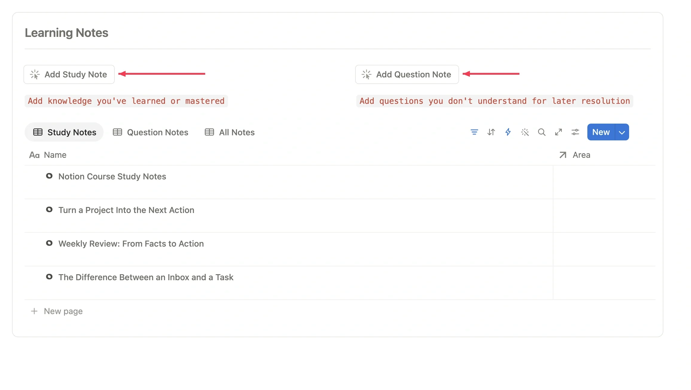 Create study notes in a course study project