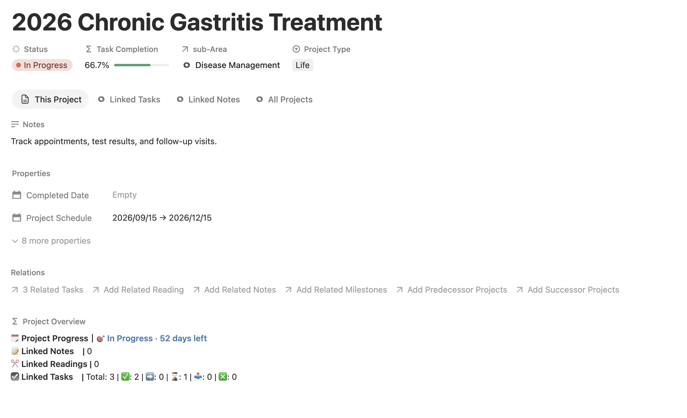 “2026 Chronic Gastritis Treatment” project page, linked to the Disease Management sub-Area with the expected treatment period set