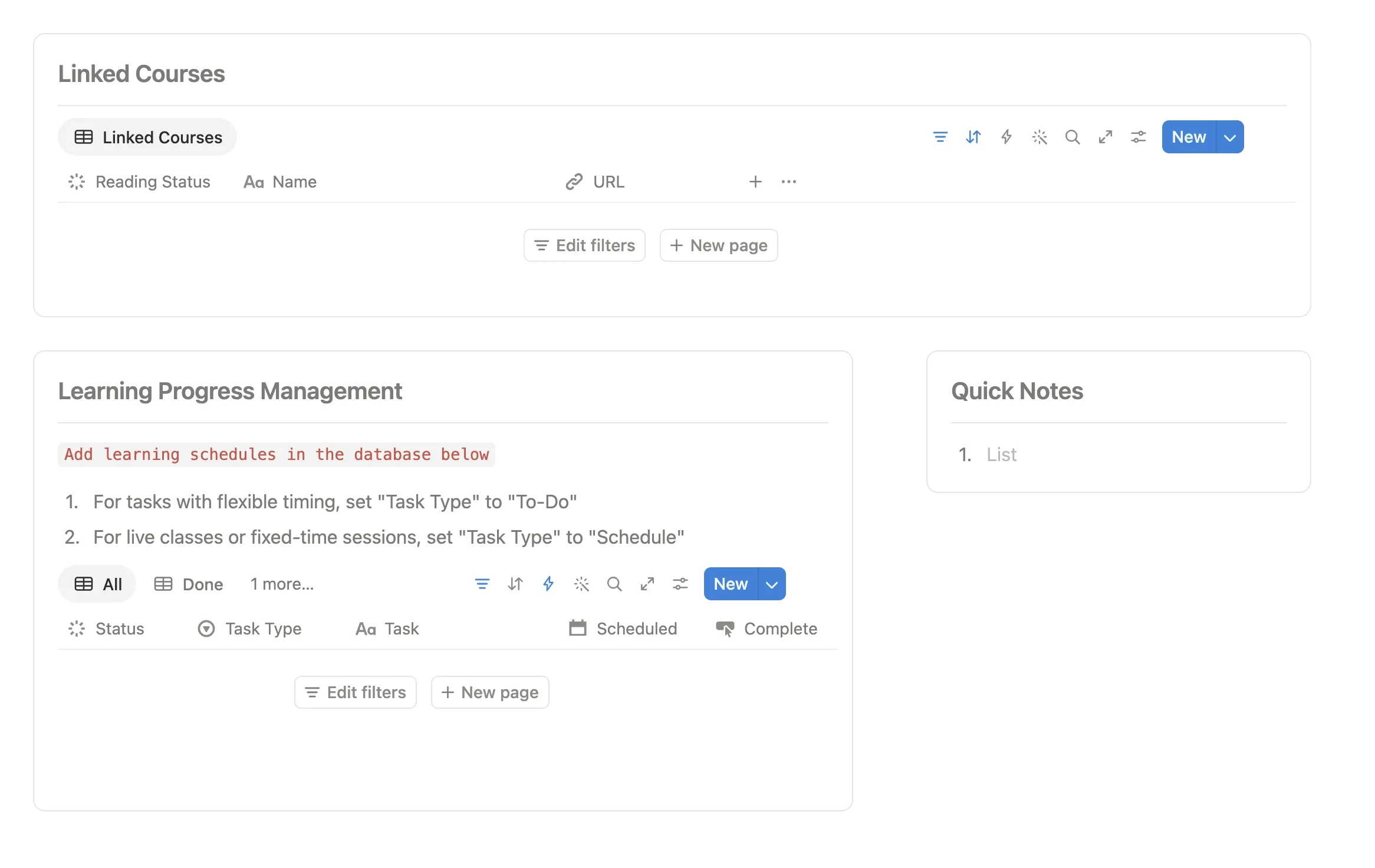 Linked readings and learning progress modules in an exam preparation project