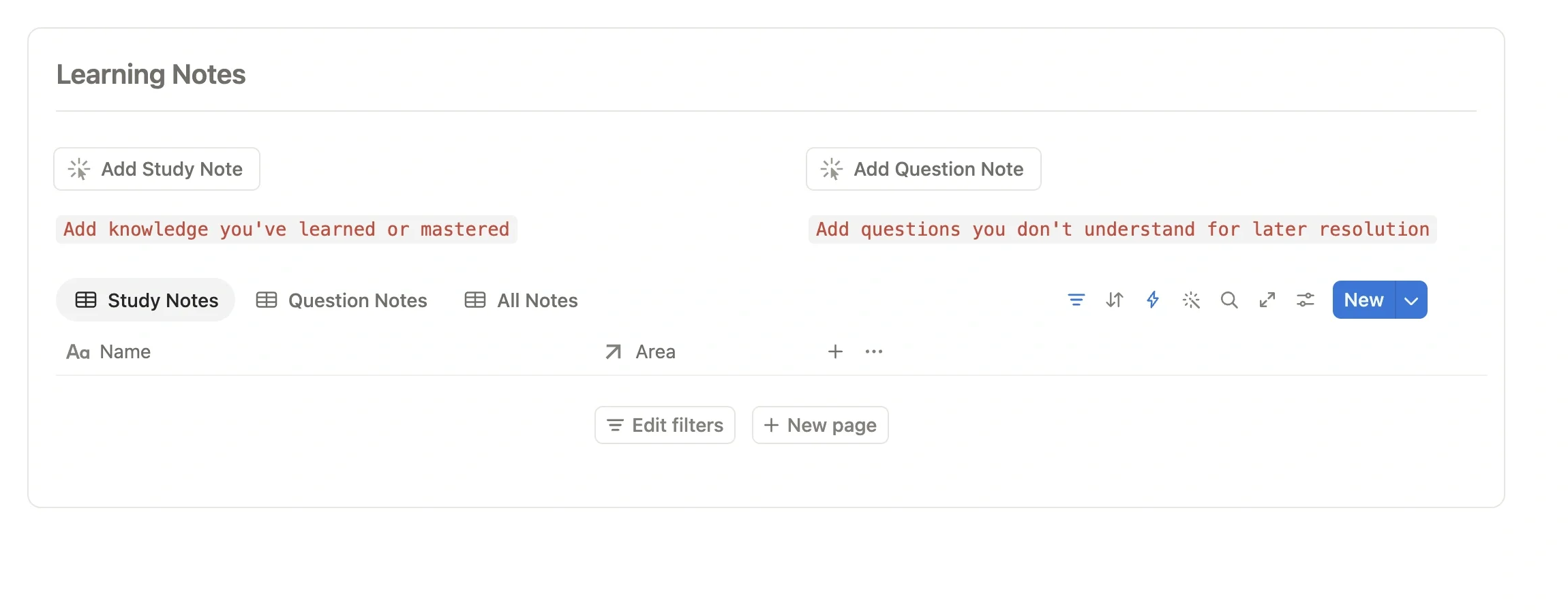 Study notes module at the bottom of an exam preparation project page