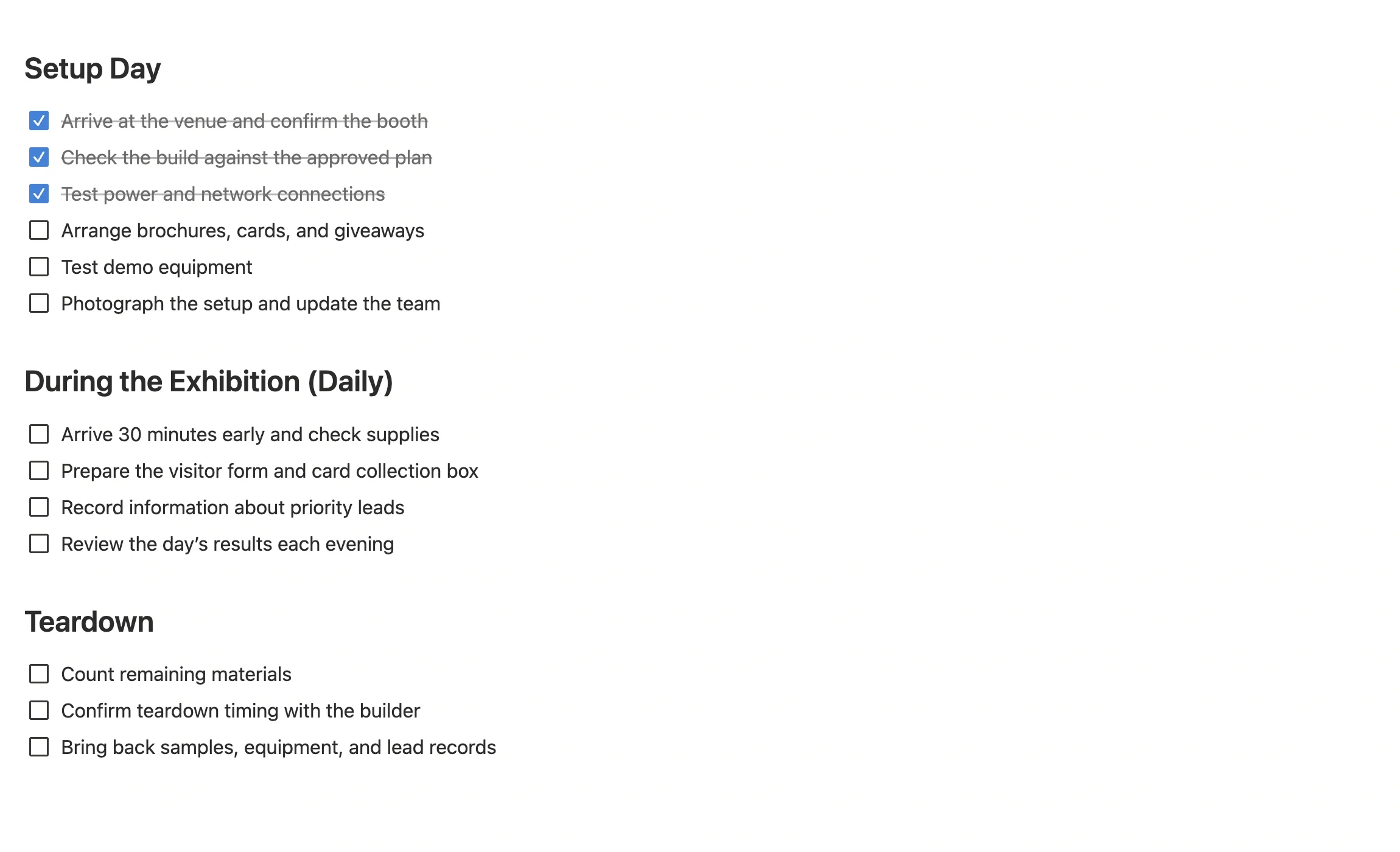 On-site execution checklist split into setup day, during the show, and teardown, checked off item by item
