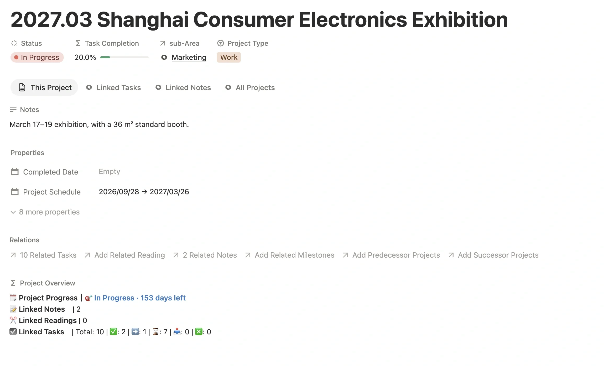 Exhibition project page with project type Work, sub-Area Marketing, and a schedule from kickoff to wrap-up
