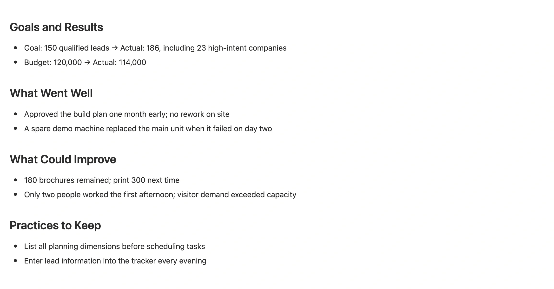 Exhibition review note covering goals and results, what went well, what to improve, and what to keep next time