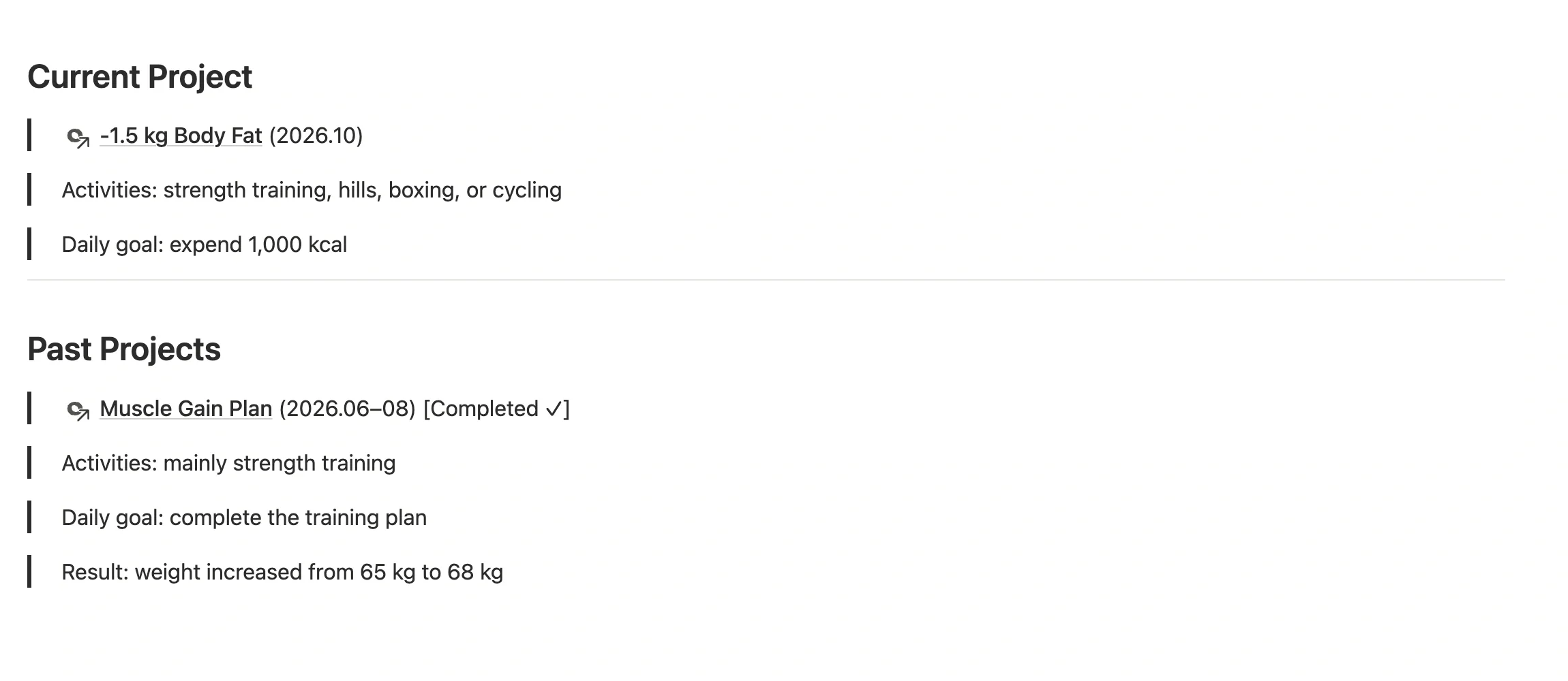 “Exercise Today” habit page body, split into the project it currently serves and archived past projects, each @-mentioned