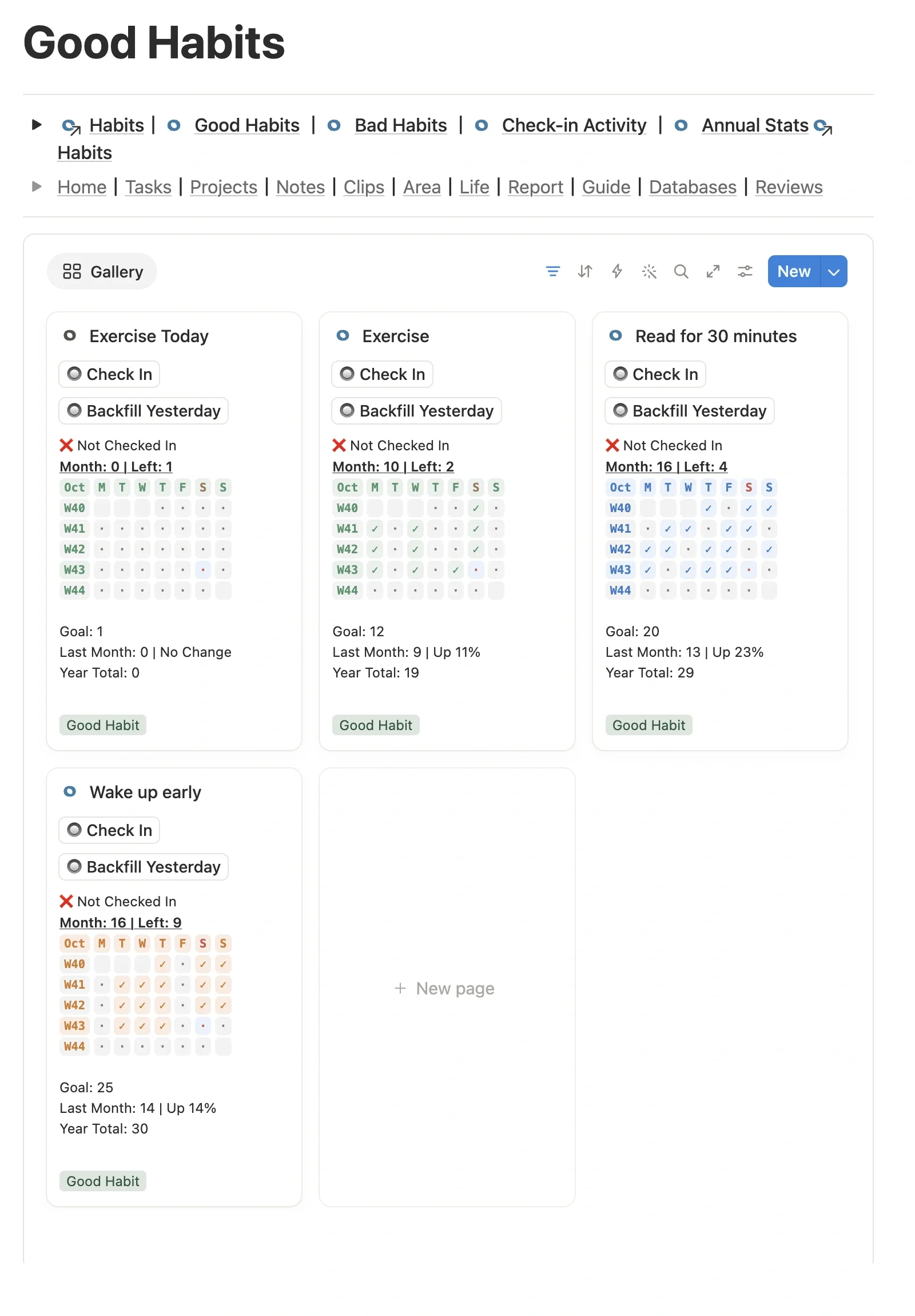 Gallery view of the Good Habits module, with the new “Exercise Today” habit card showing Check In and Backfill Yesterday buttons