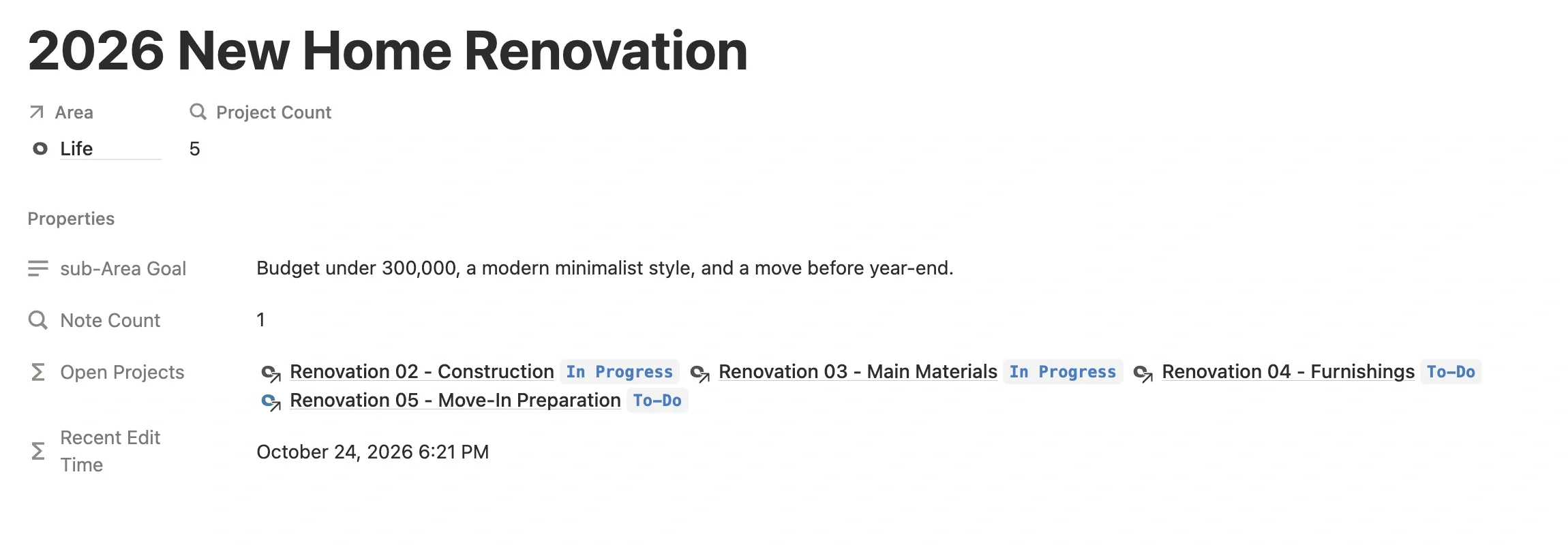 “2026 New Home Renovation” sub-Area page under the Life Area, listing each phase project and its status