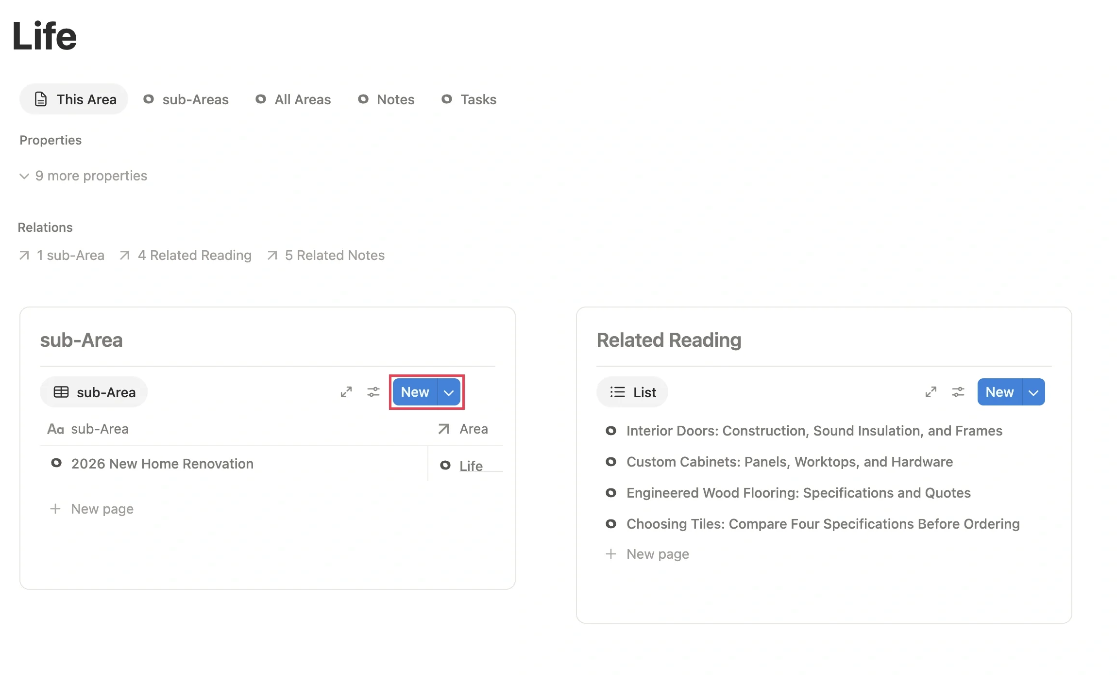 Sub-Area module on the Life Area page, with the New button highlighted in red and the newly created 2026 New Home Renovation sub-Area below