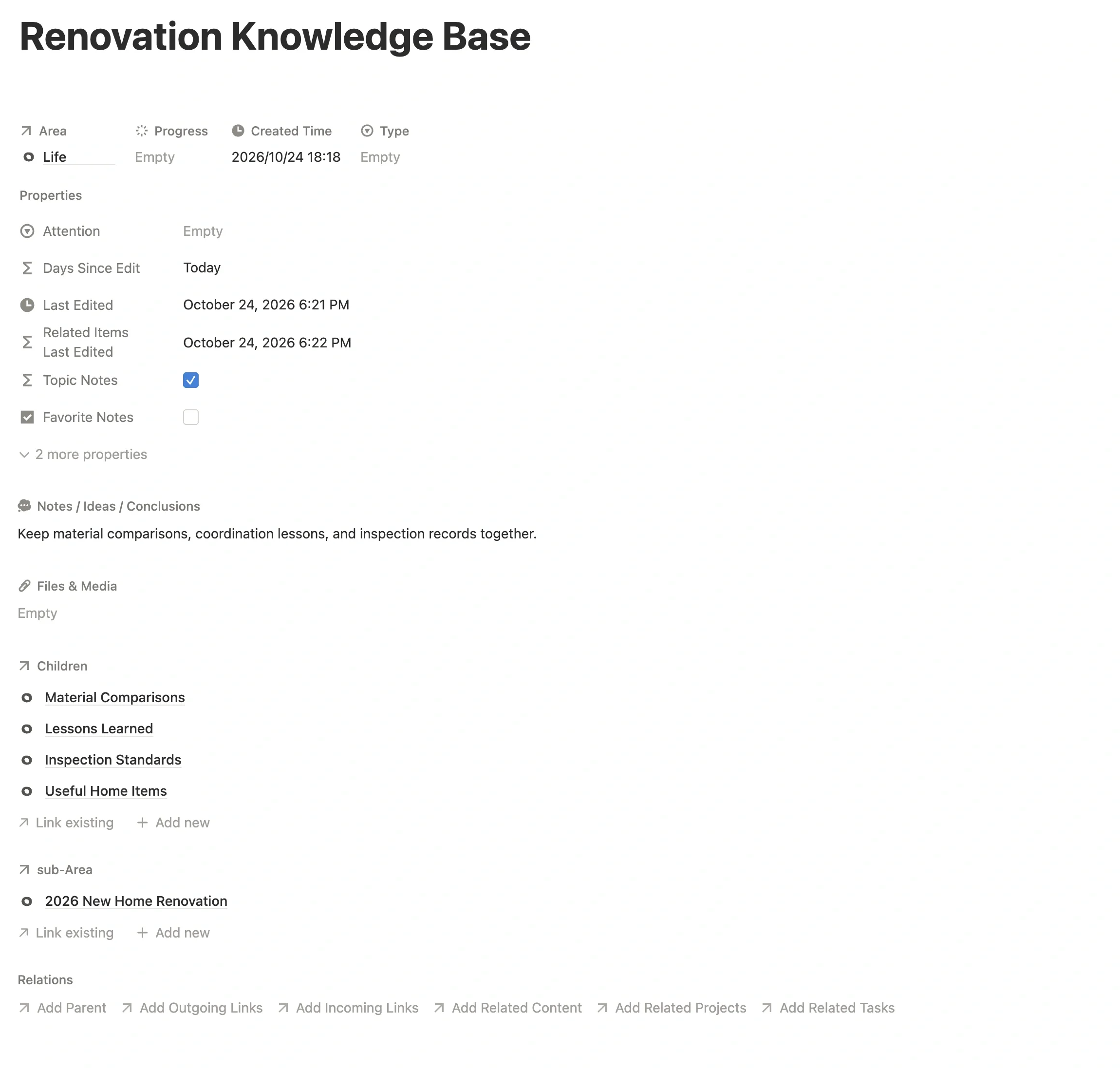 “Renovation Knowledge Base” main note marked as a Topic Note, with four sub-notes: material comparisons, lessons learned, inspection standards, and useful items