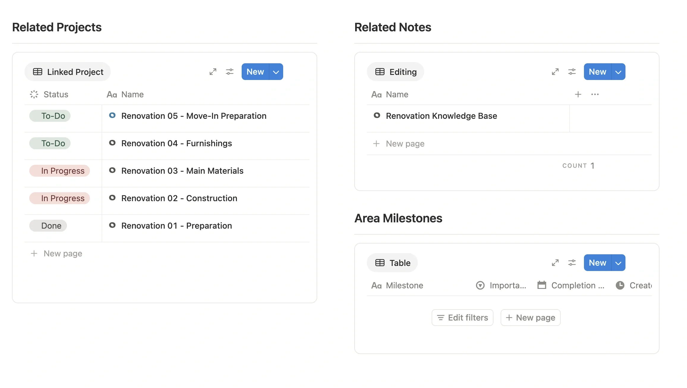 Linked project list at the bottom of the sub-Area page, showing the five renovation phases as to do, in progress, or done