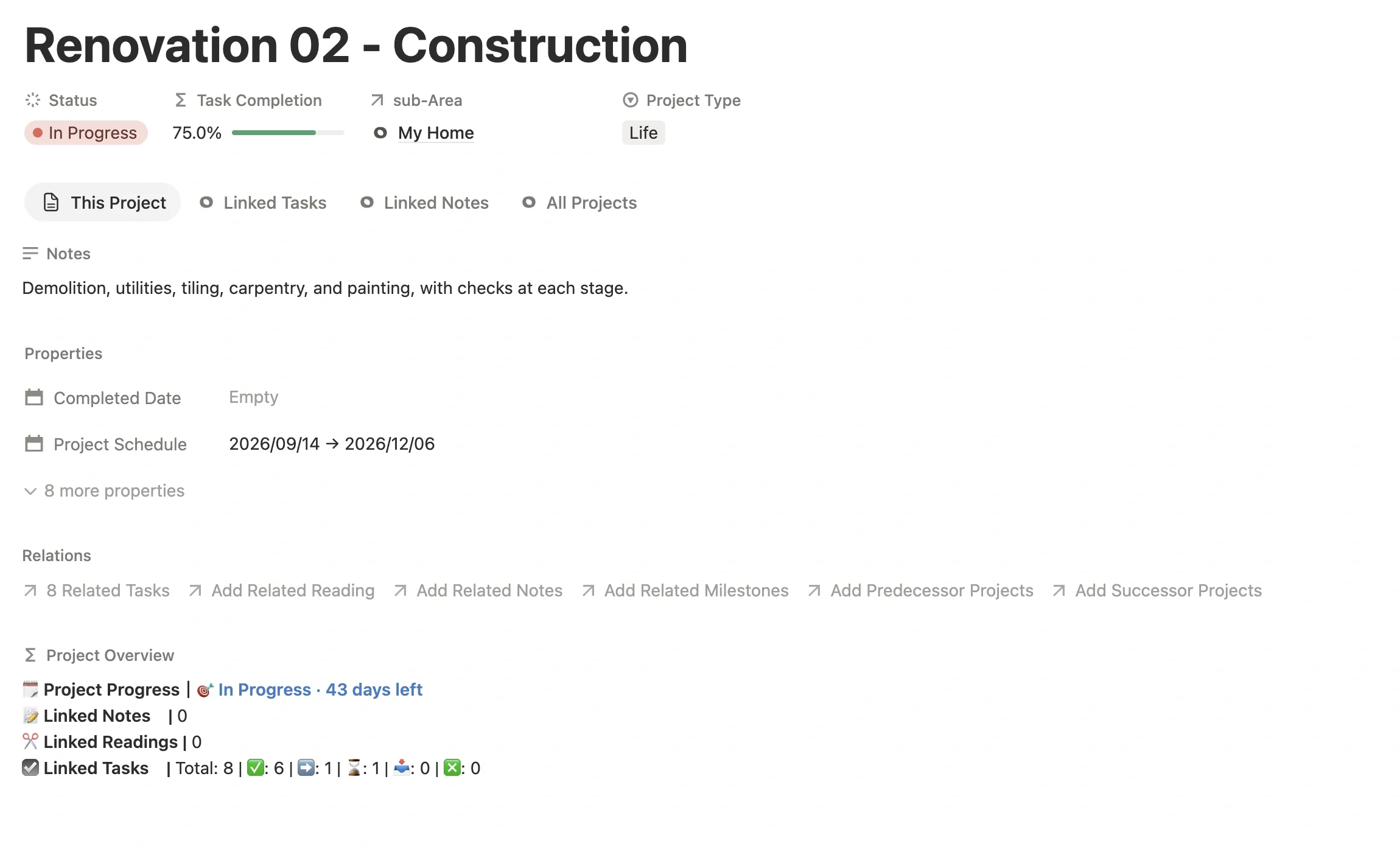 “Renovation 02 - Construction” project page with project type Life, linked to the 2026 New Home Renovation sub-Area, with a schedule set