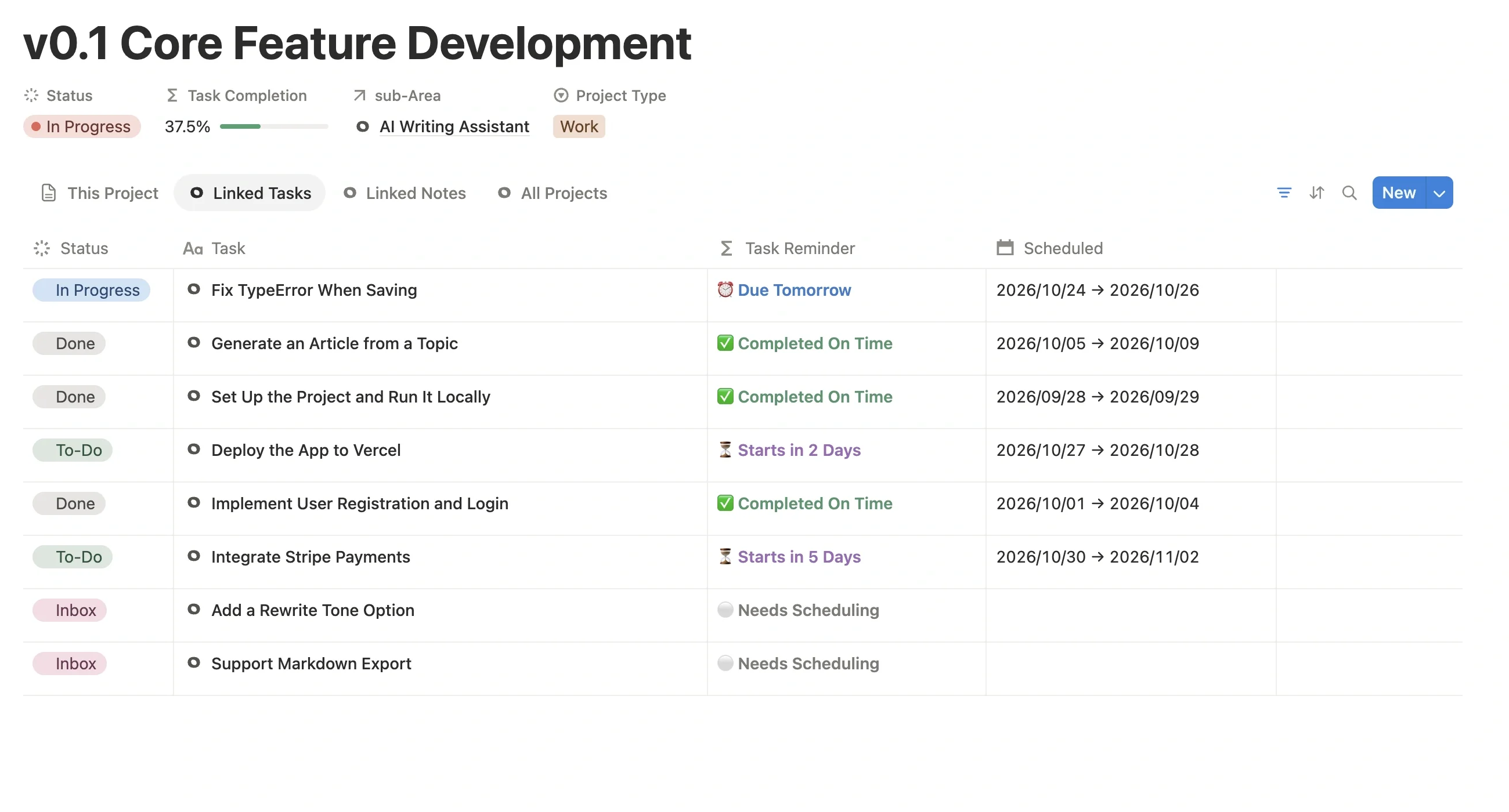 Linked task list of the “v0.1 Core Feature Development” project, with status, reminders, and schedules