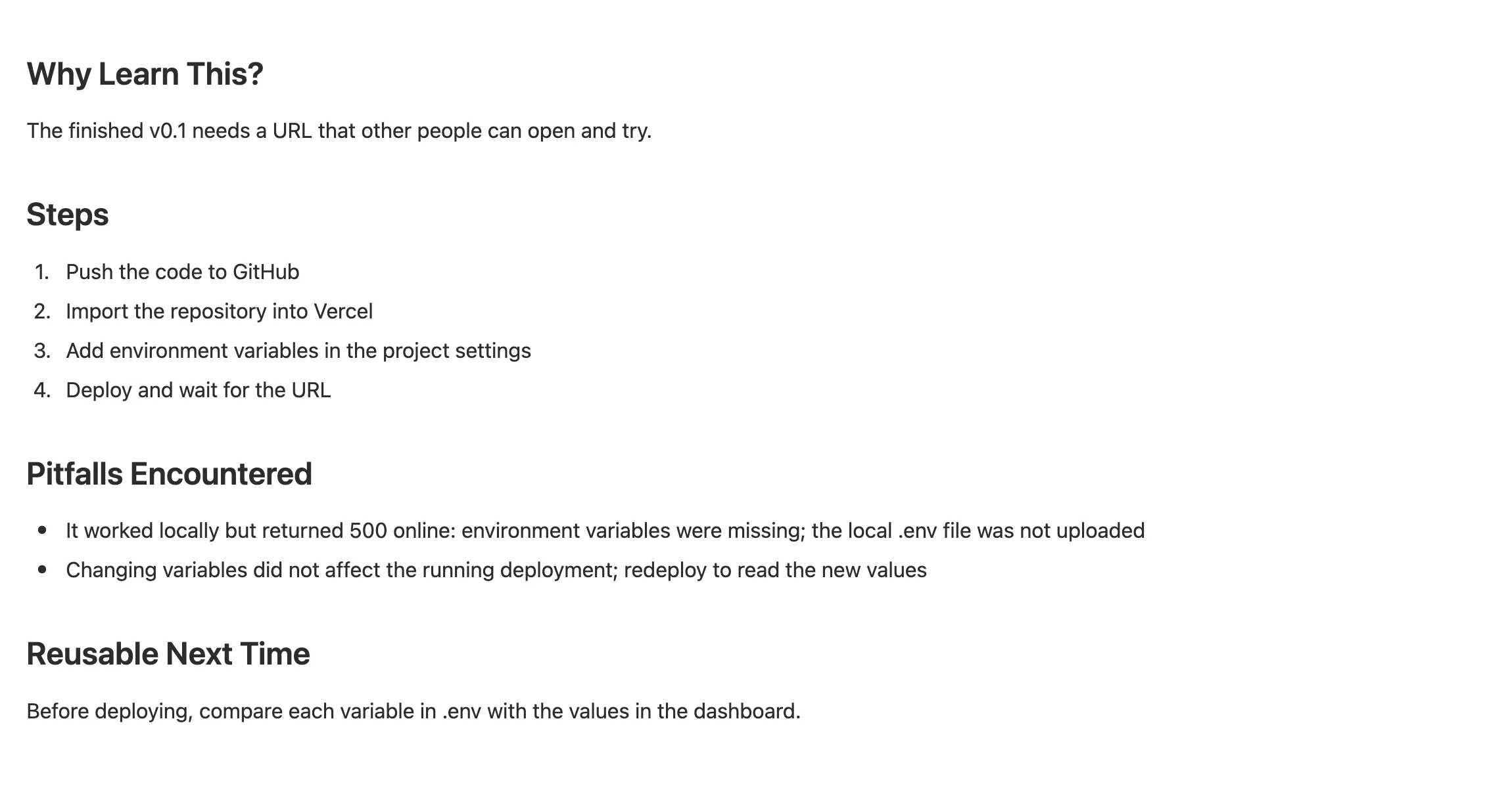 Technical learning note body recording why it was learned, the steps, and the pitfalls hit