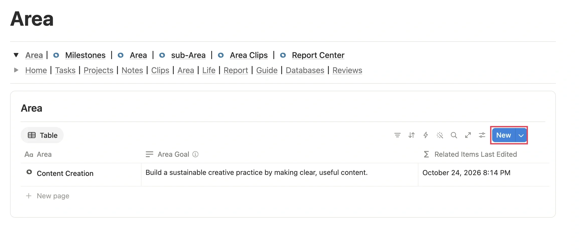 Clicking New in the Area section of the Areas module to create Content Creation