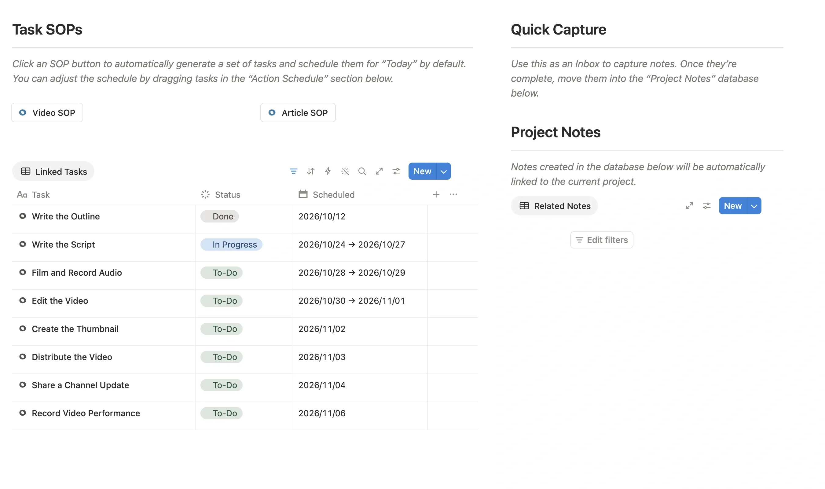 Task list auto-generated by the Video SOP, each task with status and schedule