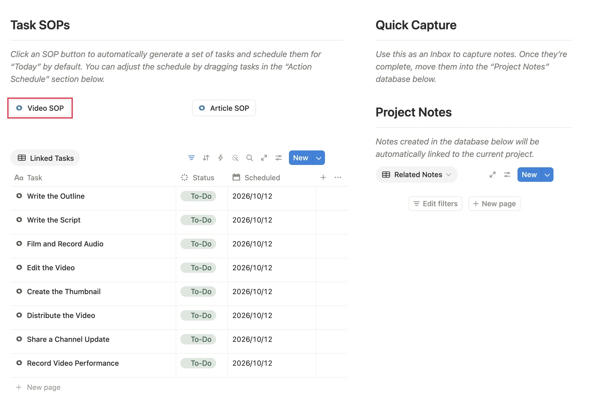 New project page with the eight production tasks generated by the Video SOP