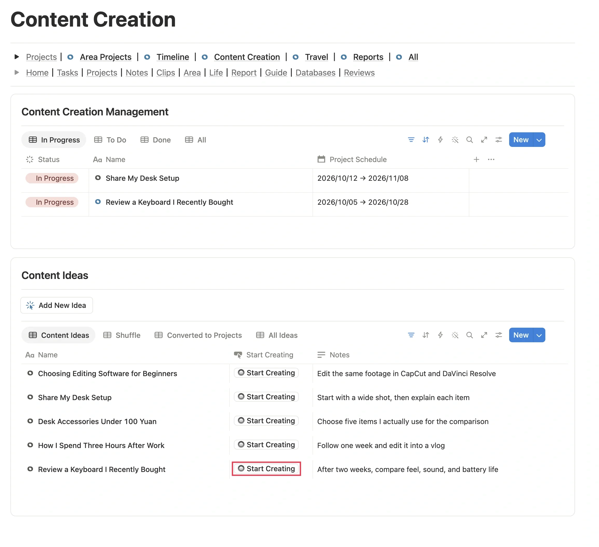 Content Creation section of the Project module, with the Start Creating button to the right of a topic