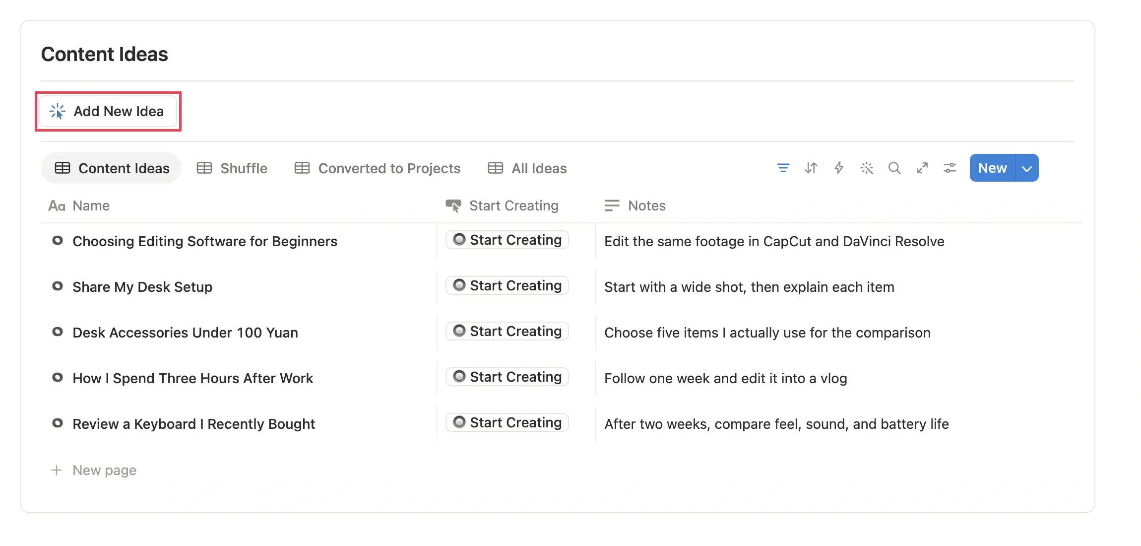 Topics collected in Content Ideas, with the Add New Idea button
