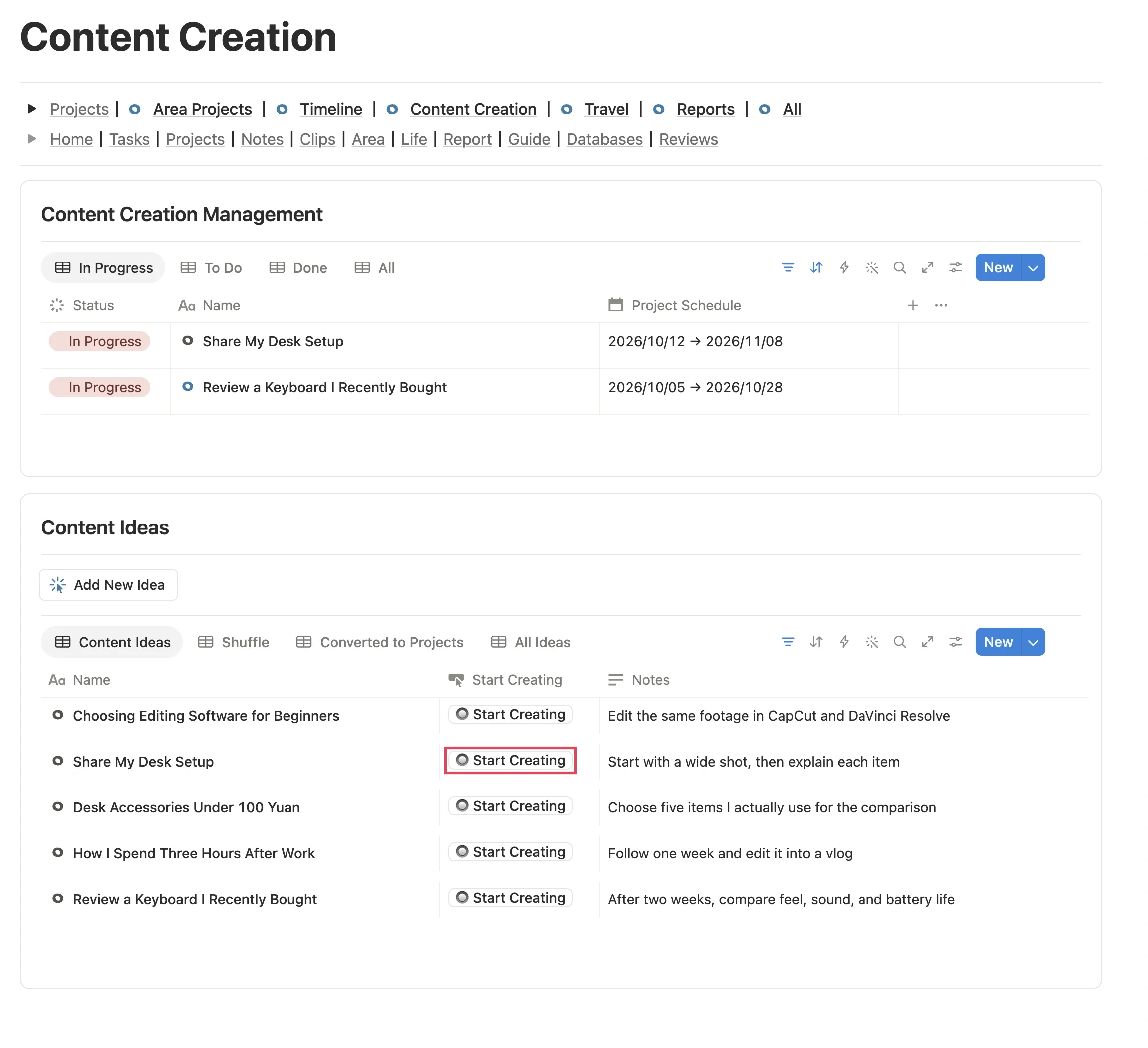 Topic list in the Content Creation section, with the Start Creating button to the right of a topic