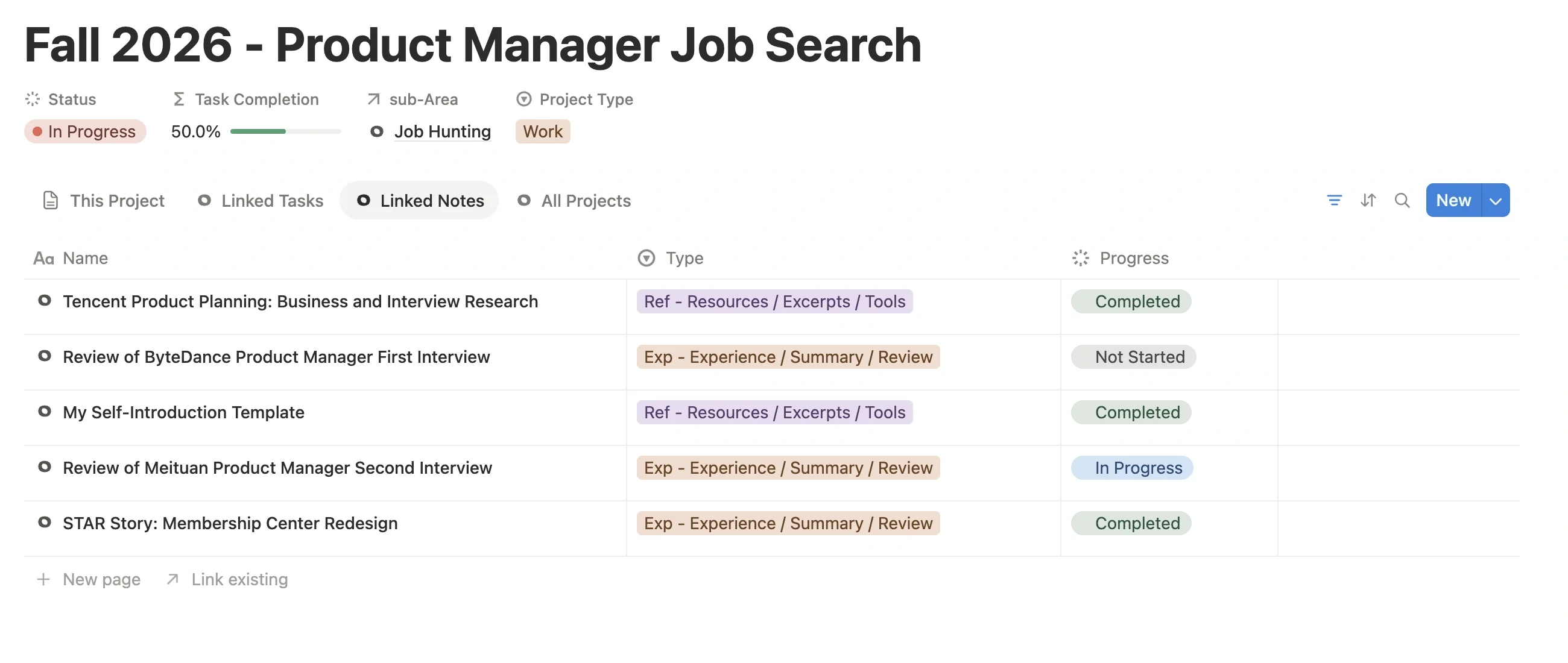 Linked notes of the job search project, including a self-introduction template, interview reviews, company research, and STAR stories