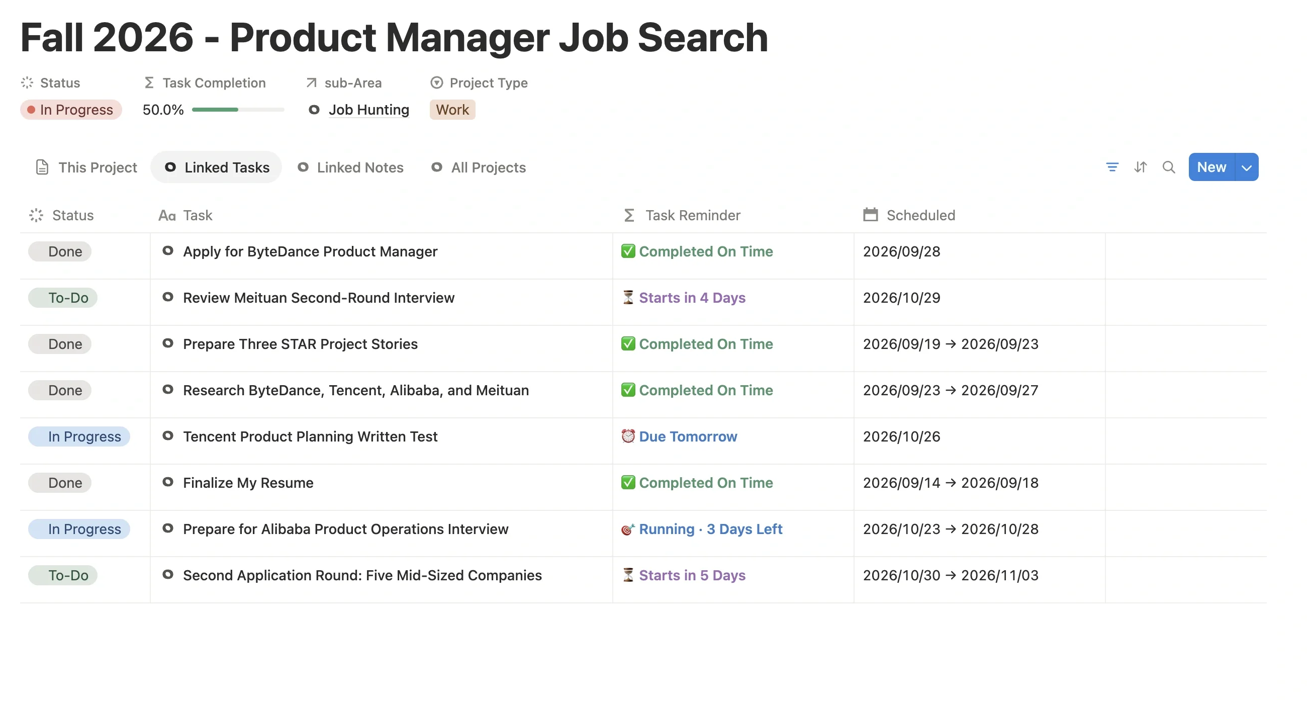 Linked task list of the job search project, covering resume prep, company research, applications, and interviews, each with status and schedule