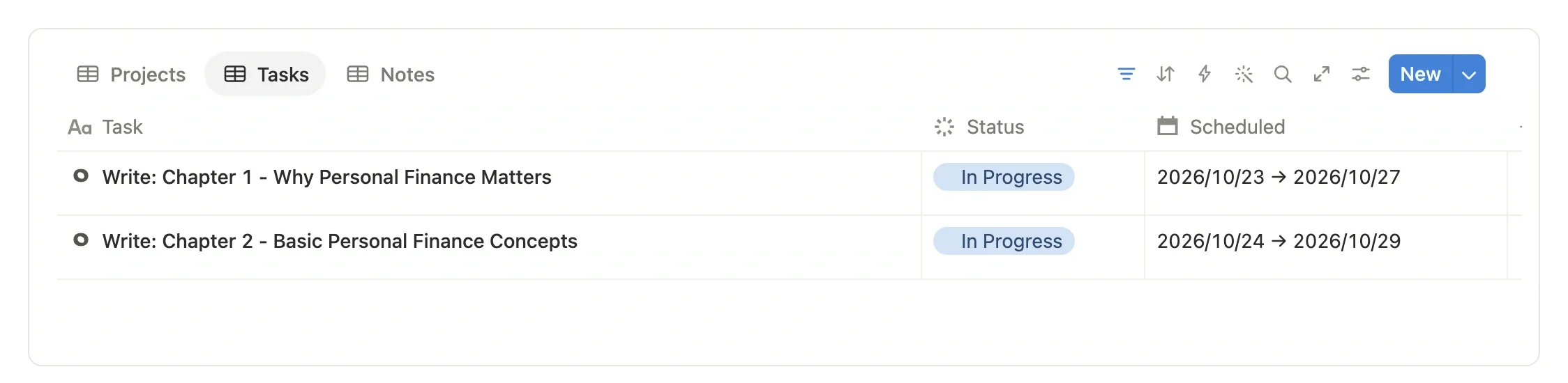 Task view at the bottom of the home page, listing in-progress writing tasks alongside other tasks by schedule