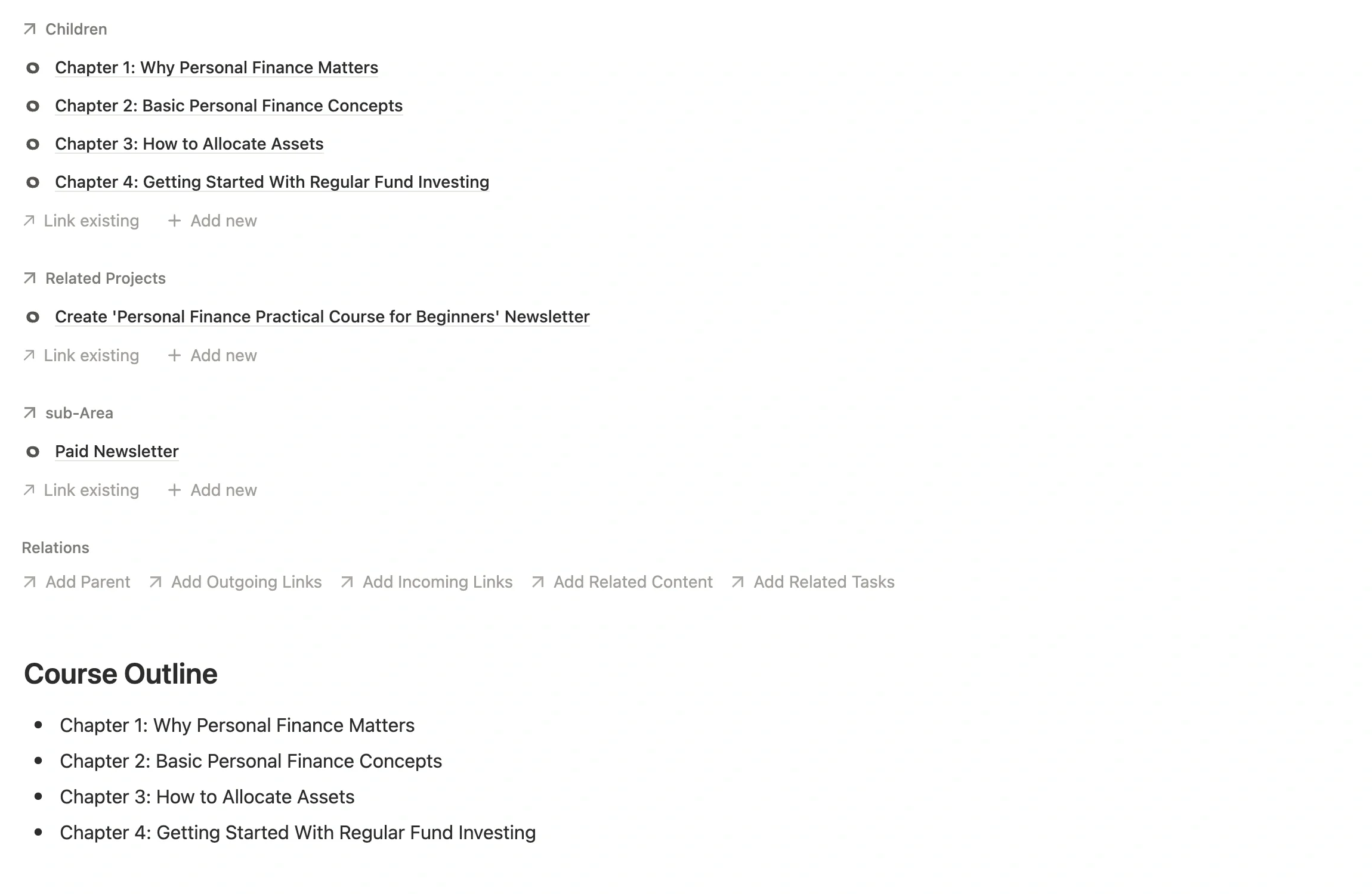 “Personal Finance Practical Course for Beginners” main note with four chapter sub-notes above and the outline in the body