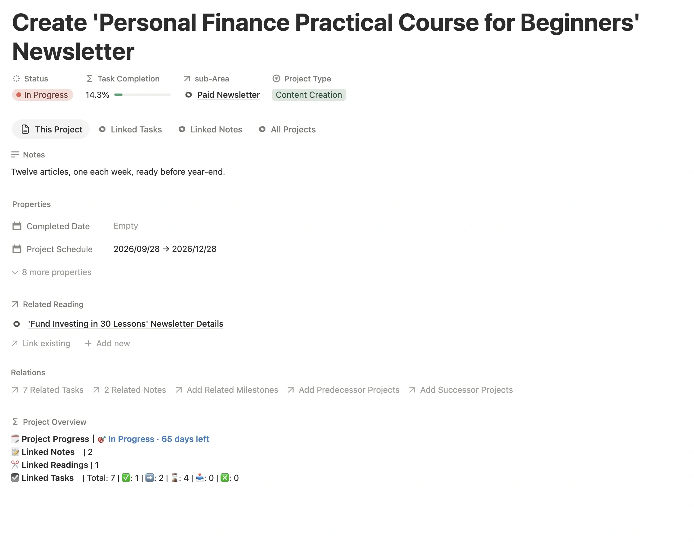 Newsletter project page with project type Creation, linked to the Paid Newsletter sub-Area, with a schedule set