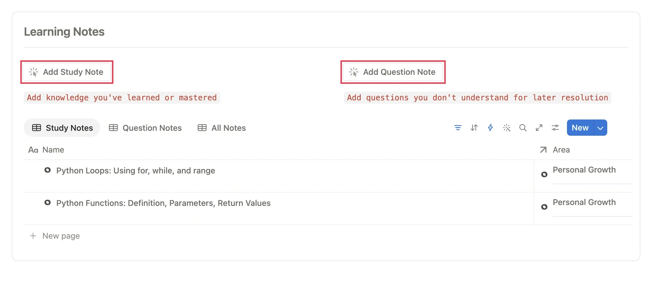 Study notes module at the bottom of the learning project page, with the add course note and add question note buttons highlighted in red and existing notes listed below