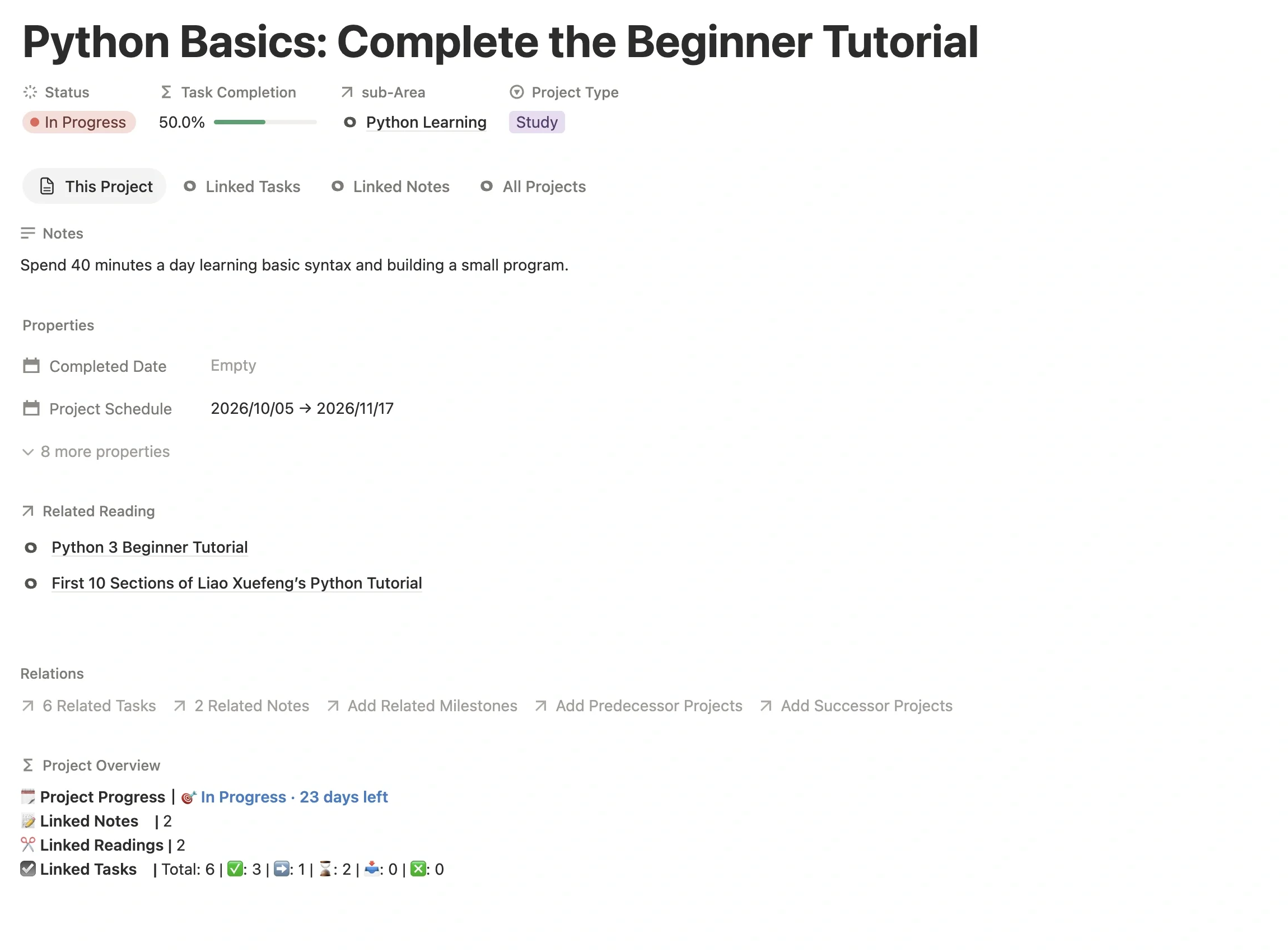 “Python Basics: Complete the Beginner Tutorial” project page with project type Learning, linked to the Python Learning sub-Area, with a schedule set
