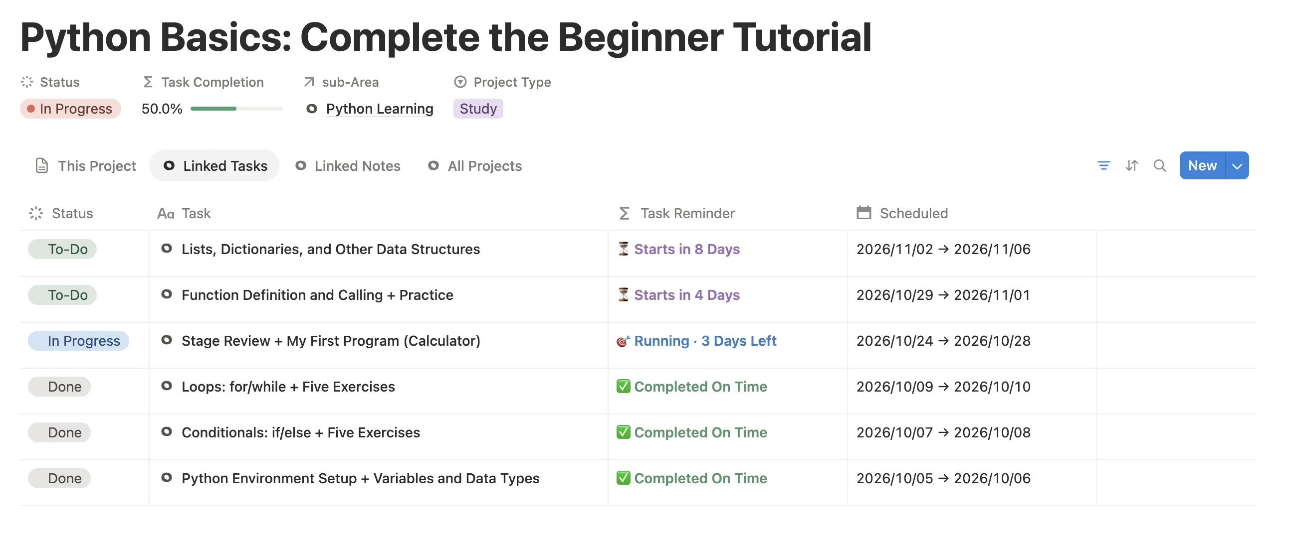 Linked task list of the learning project, six study tasks with status, reminders, and schedules