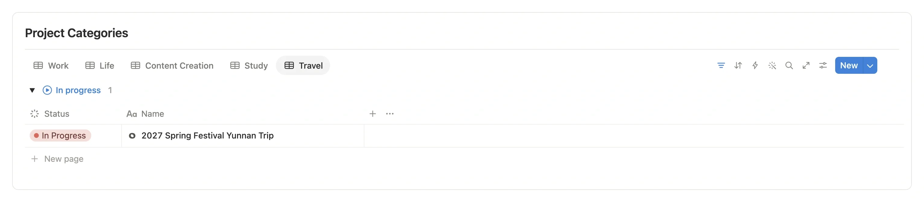 Project category section in the Project center, with tabs by project type such as Work, Life, and Creation
