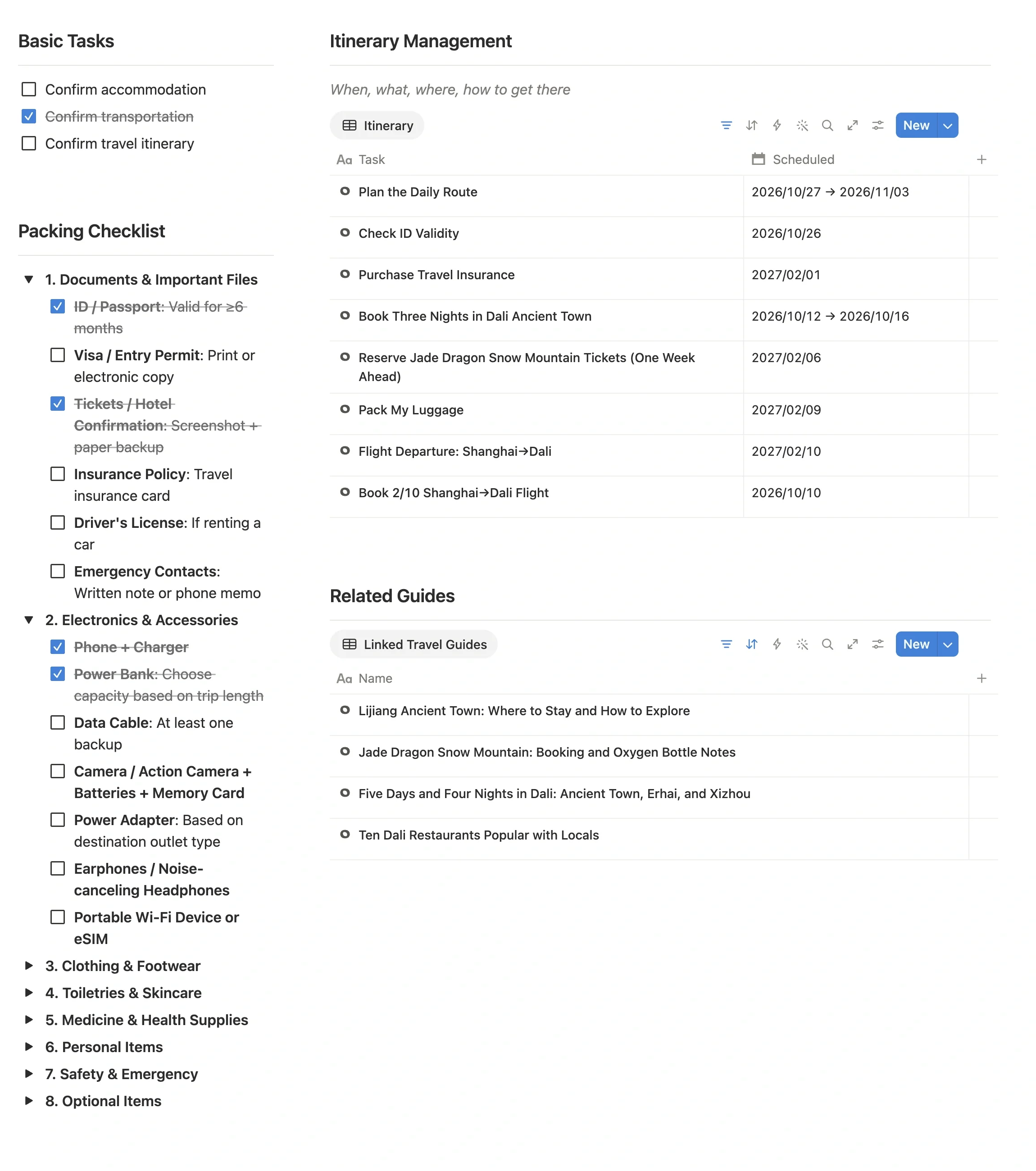 Preset modules on a travel project page: basic tasks and packing list on the left, itinerary management and linked guides on the right