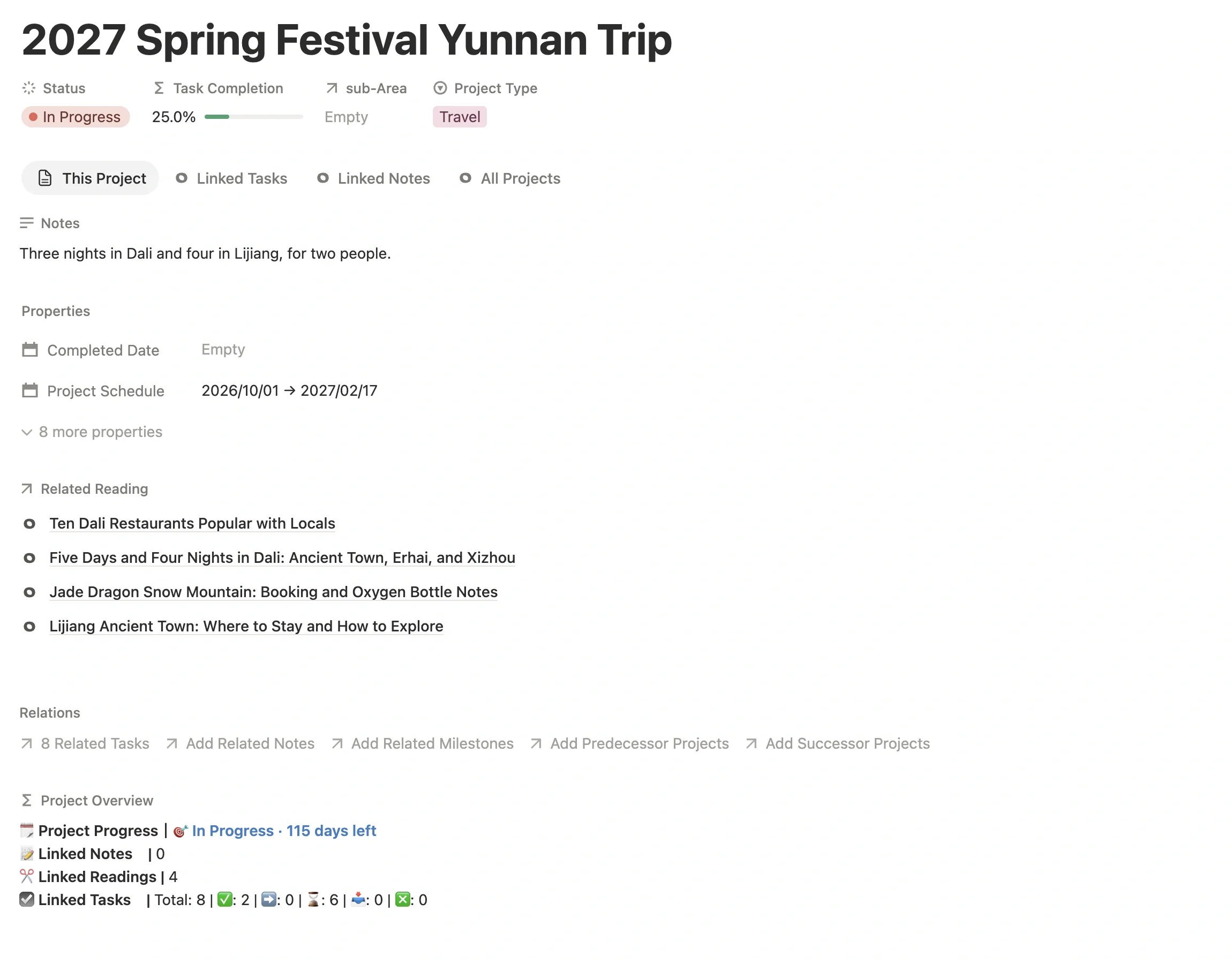 New travel project page with project type Travel, departure and return dates set, and guides linked