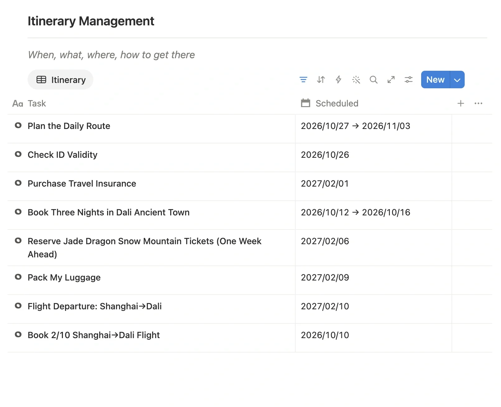 Itinerary management module of the travel project, listing to-dos such as booking flights, lodging, and tickets with their schedules