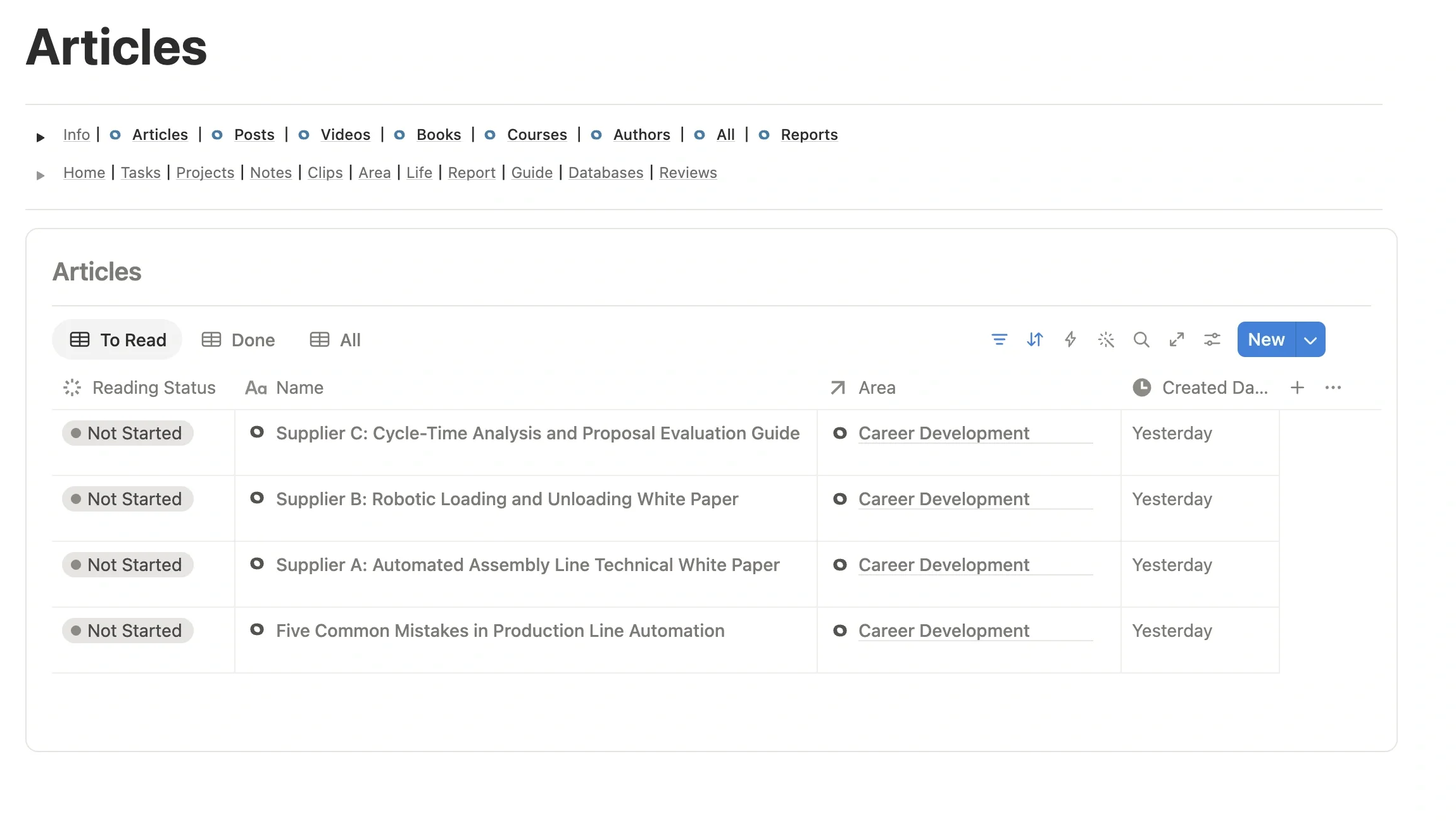 Articles page in Web Clipper, with clipped automation articles and a supplier technical white paper in the unread list