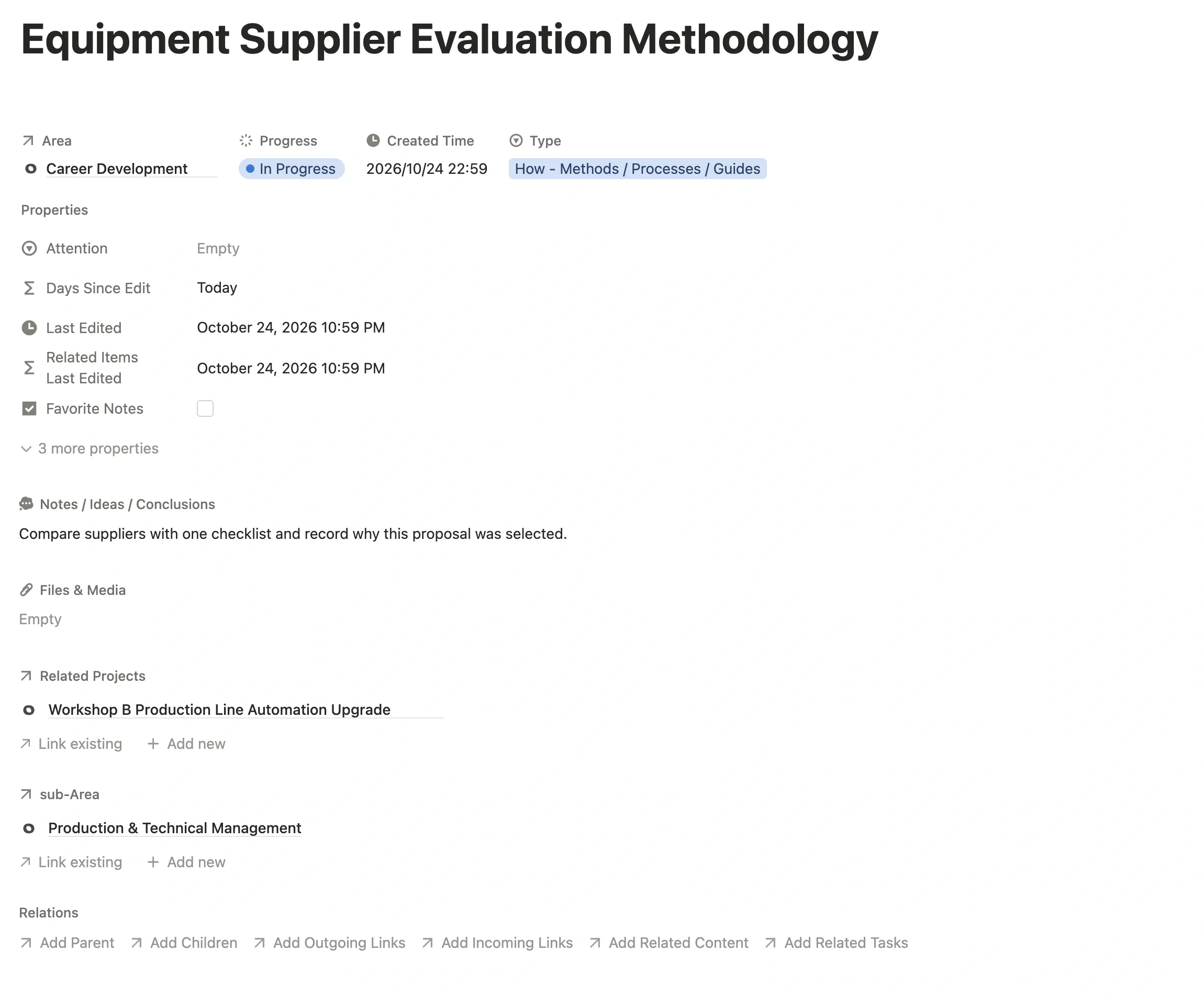“Equipment Supplier Evaluation Methodology” note under the Career Development Area, linked to both the automation upgrade project and the Production & Technical Management sub-Area