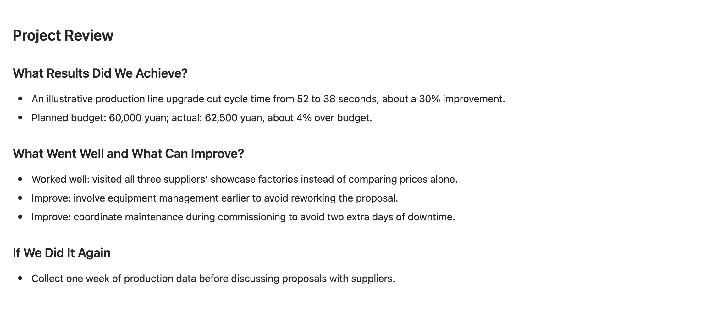 Project retrospective in the project page body, covering what was achieved, what went well and what to improve, and what to do differently next time