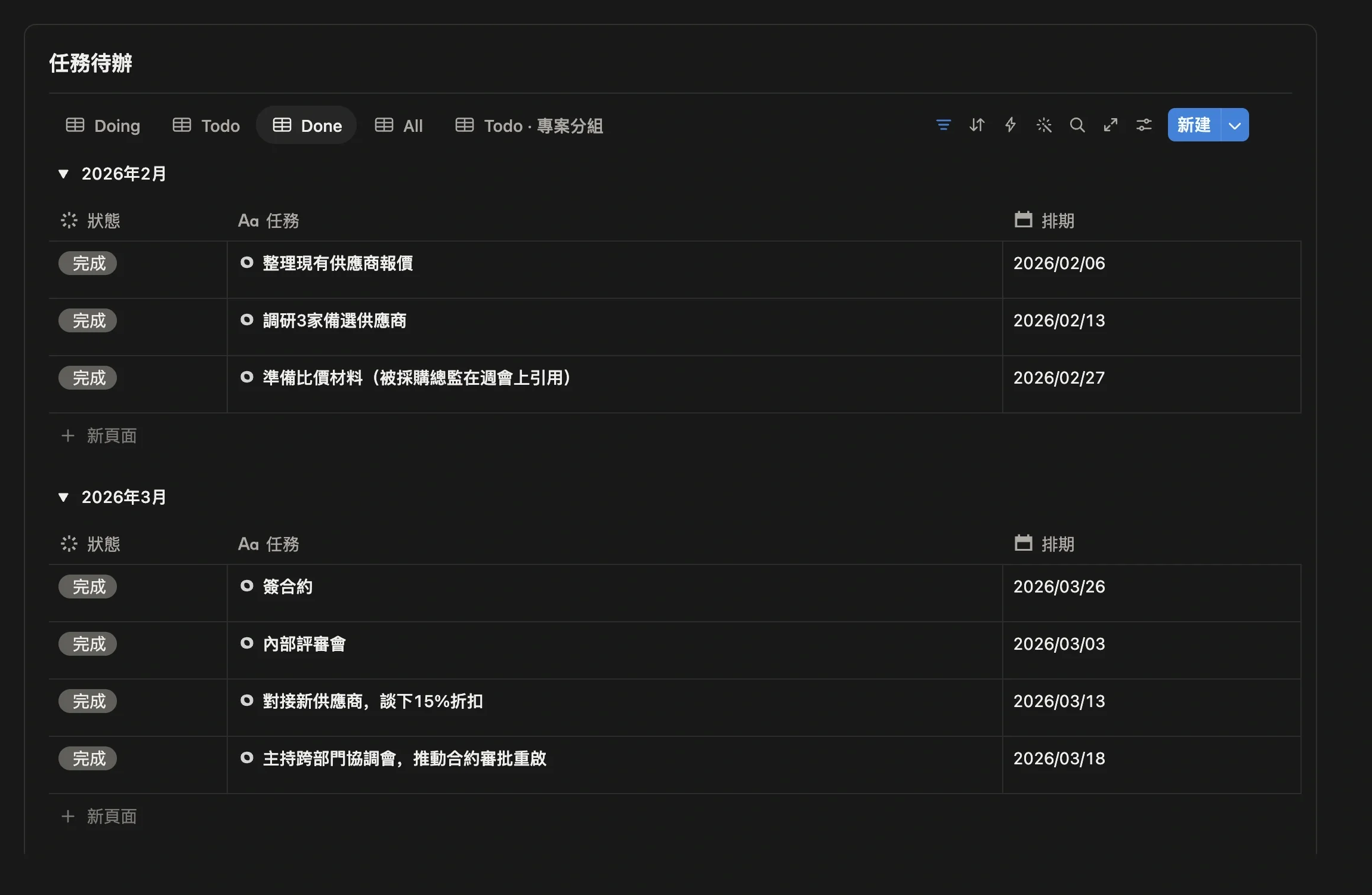 任務中心的任務待辦區切到 Done 視圖，已完成任務按月份分組