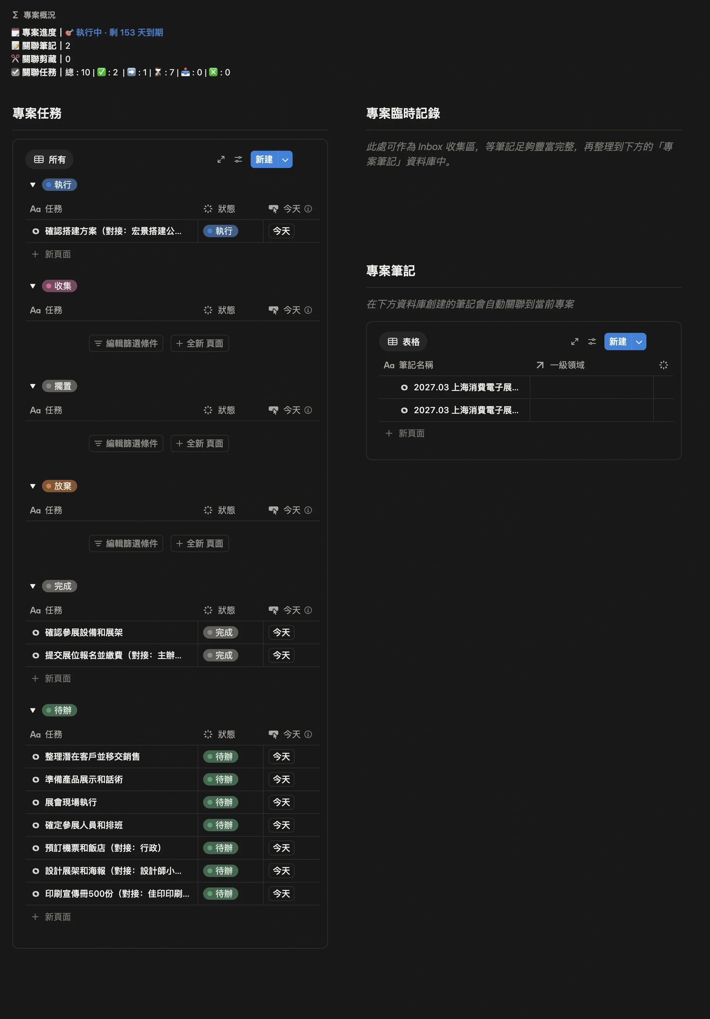 專案頁面的專案概況和按狀態分組的專案任務，能看到進度、任務總數和各狀態的任務