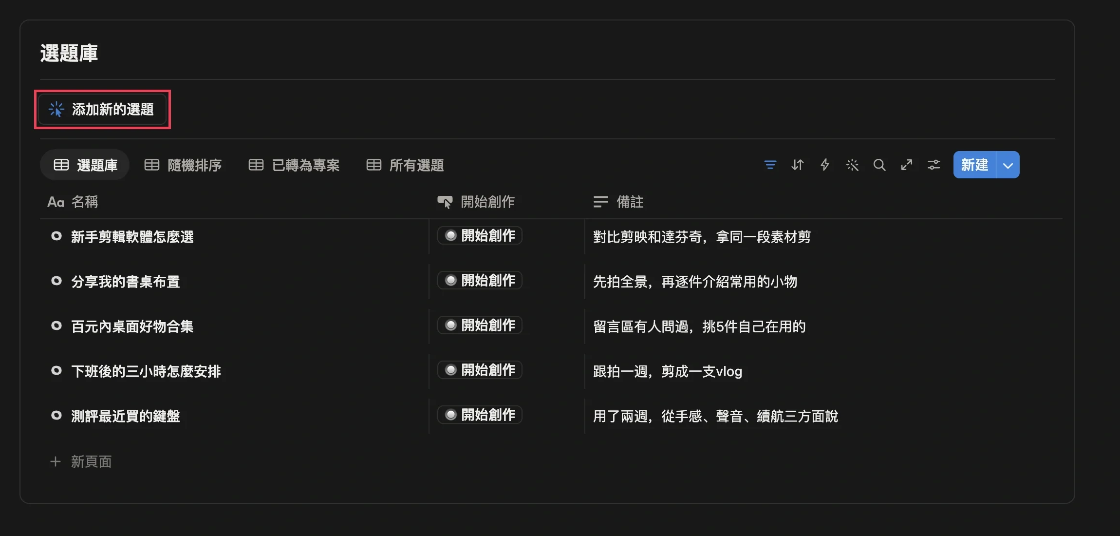 選題庫裡累積的選題，以及「添加新的選題」按鈕
