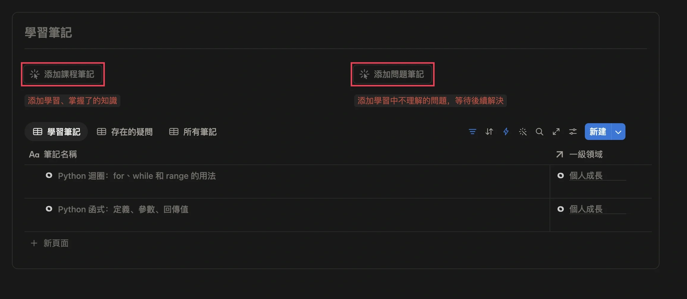 學習專案頁面底部的學習筆記模組，新增課程筆記和新增問題筆記兩個按鈕以紅框標出，下方列出已建立的筆記