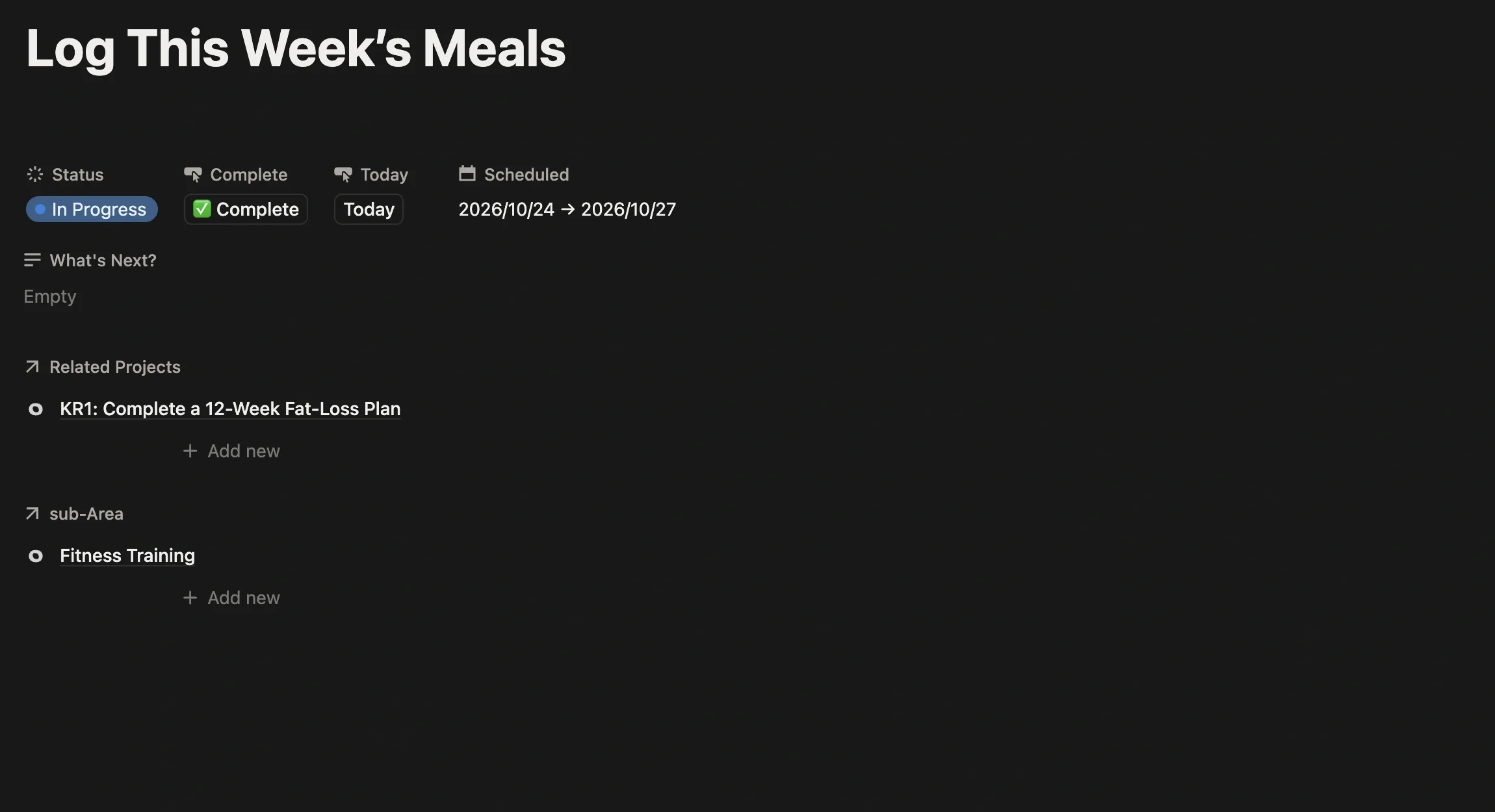 Task page for “Record this week's food diary”, linked to the KR1 project and the Fitness Training sub-Area