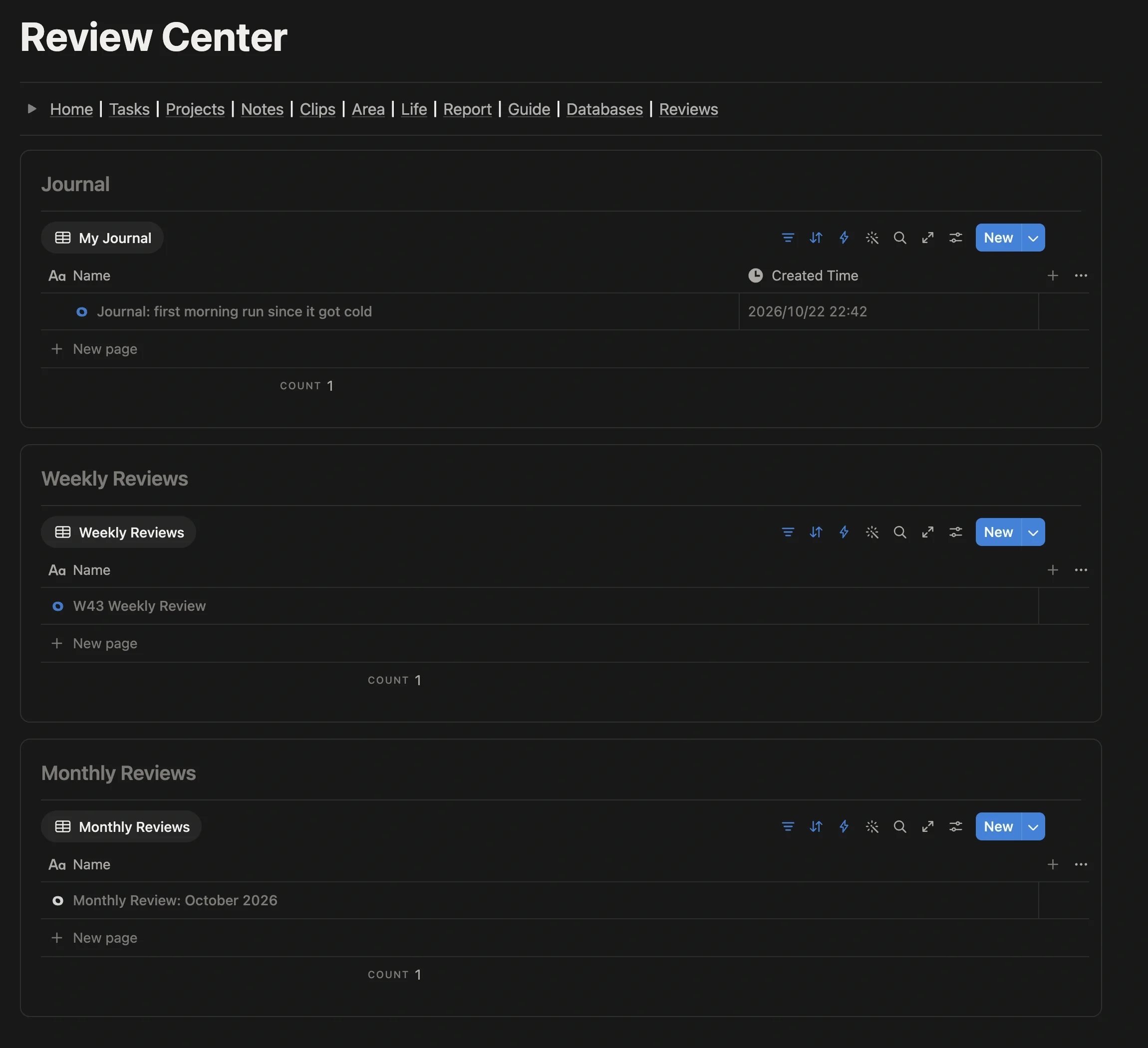 Review Center page with Journal, Weekly Reviews, and Monthly Reviews modules