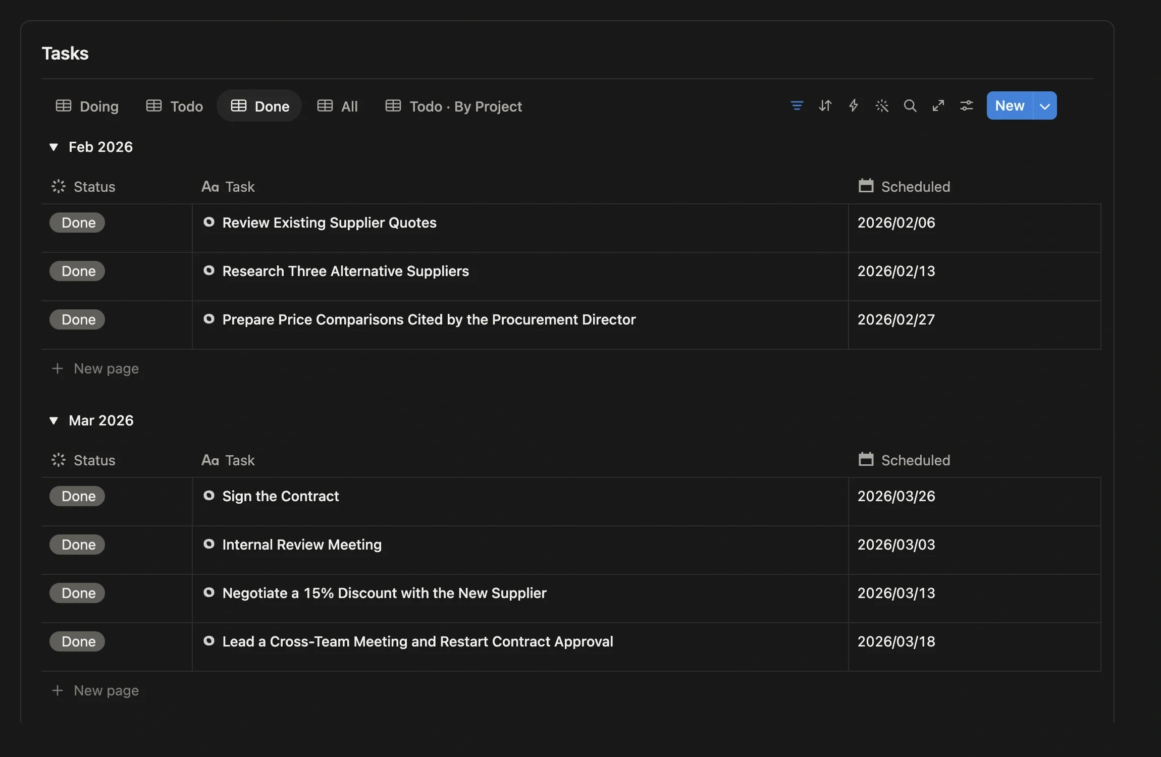 Task center switched to the Done view, with completed tasks grouped by month