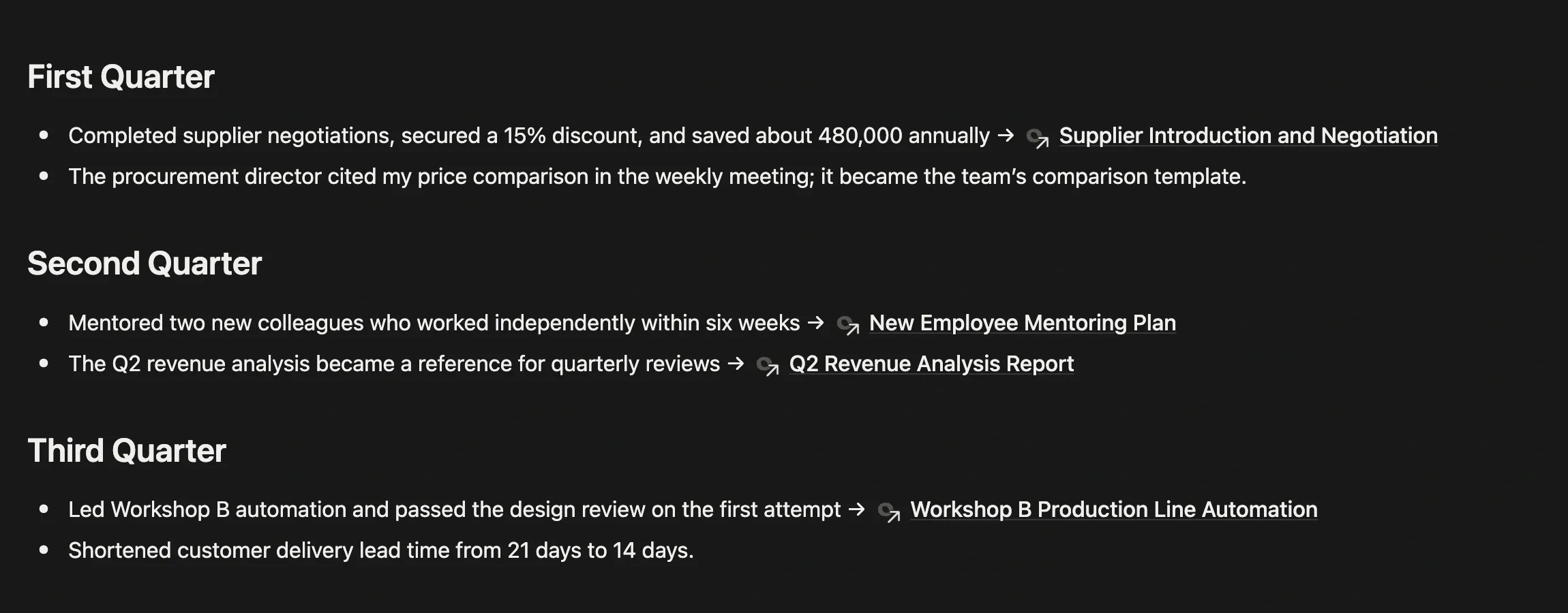 “2026 Work Highlights” note recording highlights by quarter, each entry @-mentioning its project