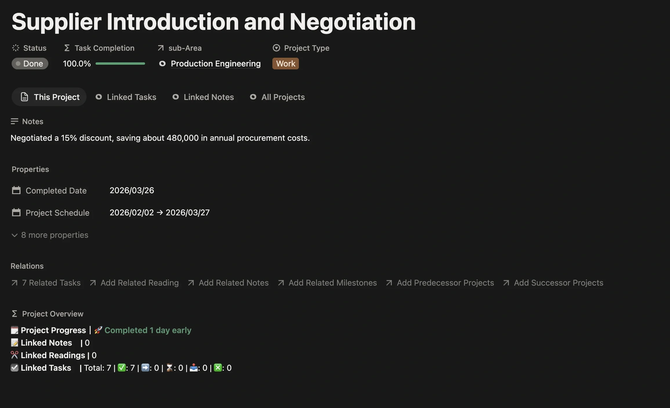 Work project page showing status, linked Area, schedule, and project overview