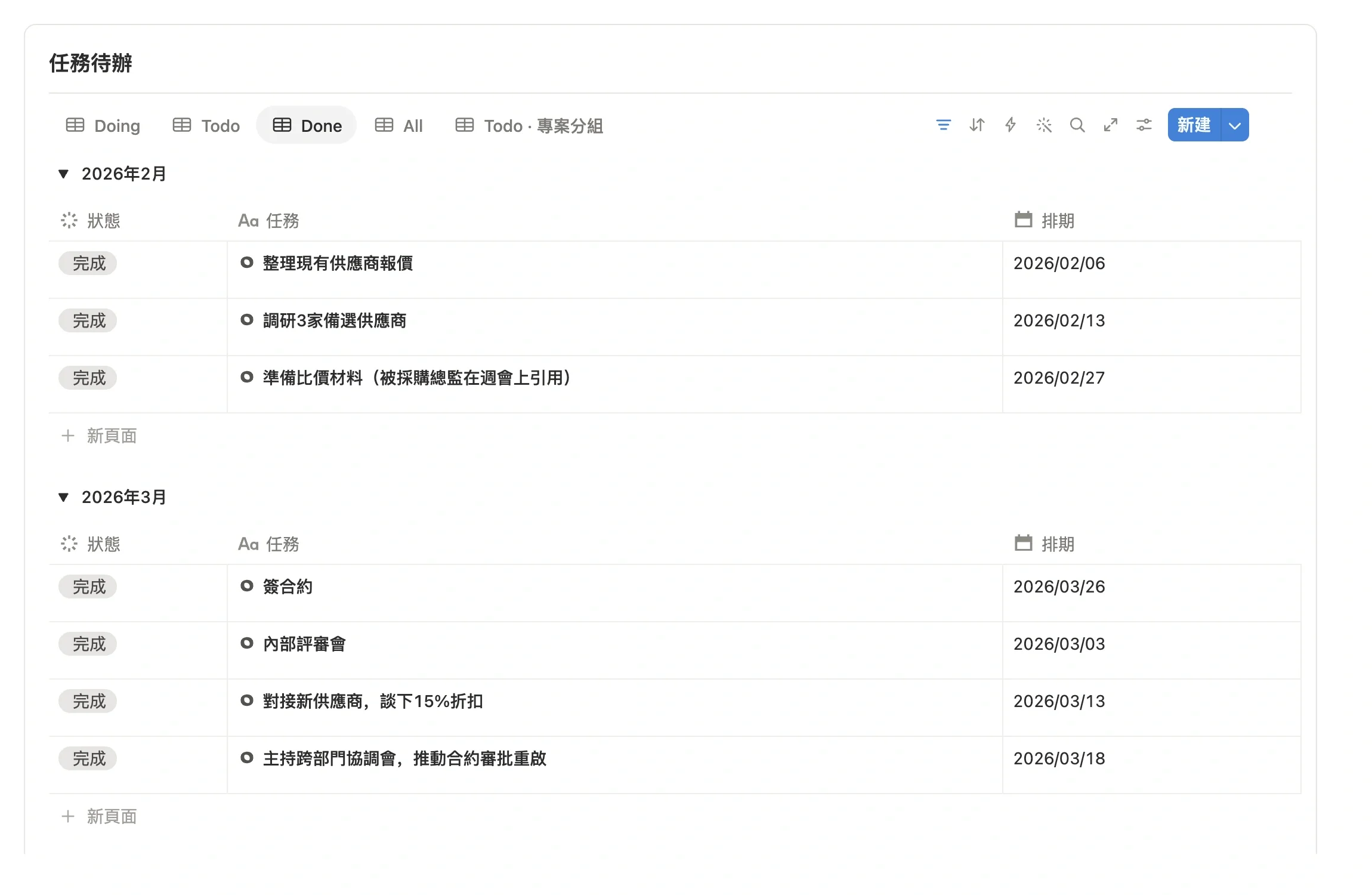任務中心的任務待辦區切到 Done 視圖，已完成任務按月份分組