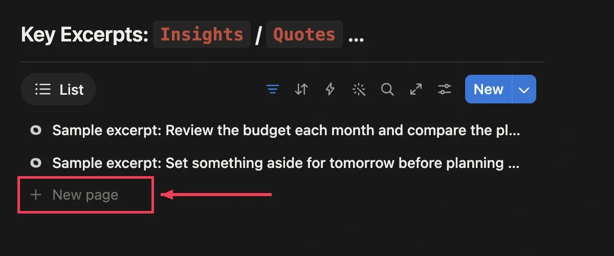 Create an excerpt on a book page