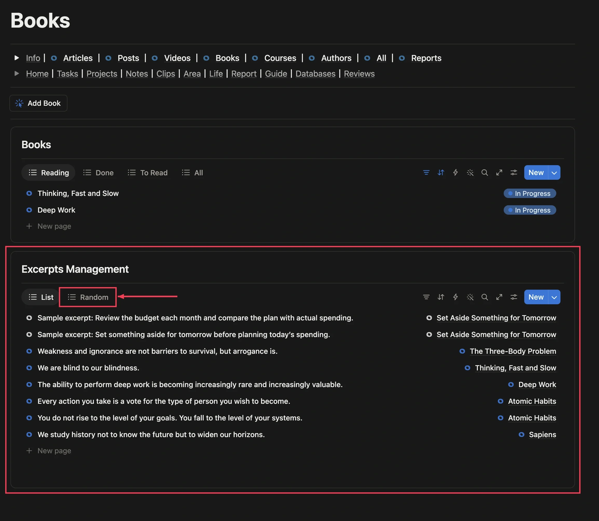 All book excerpts in the excerpts module