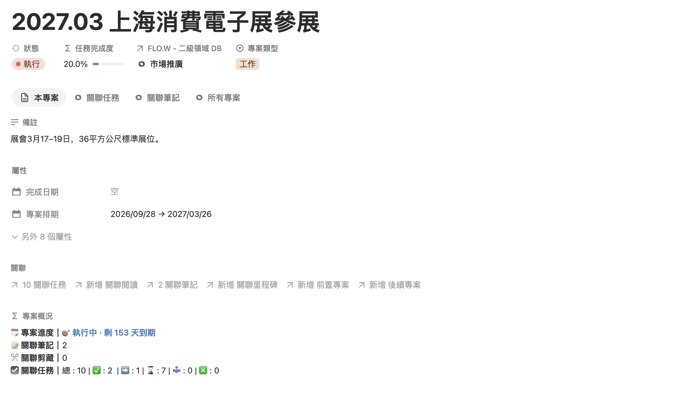 展會專案頁面，專案類型為工作，二級領域為市場推廣，專案排期從啟動籌備到收尾